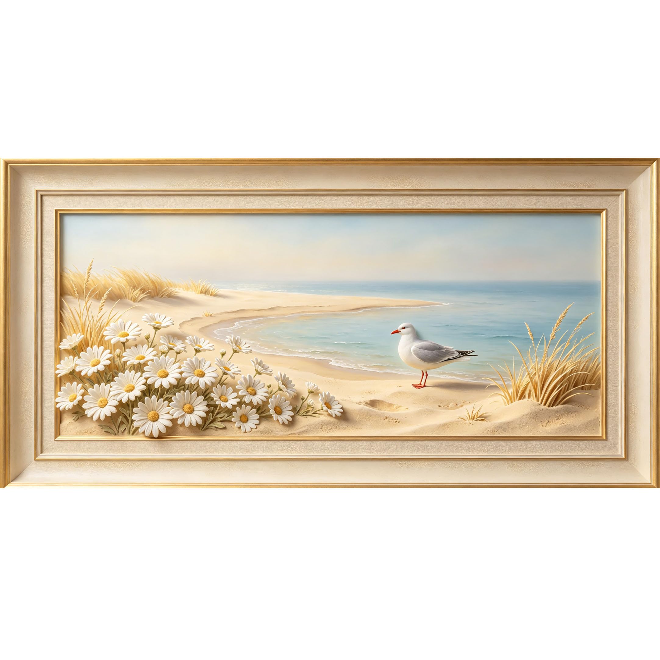 Agglomerix 3D Framed Wall Art Seagull Beach Daisies Coastal Ocean Shore Sand Dune Botanical Large Size Self-Adhesive Removable Wall Decor Prints Artwork for Living Room Bedroom Office