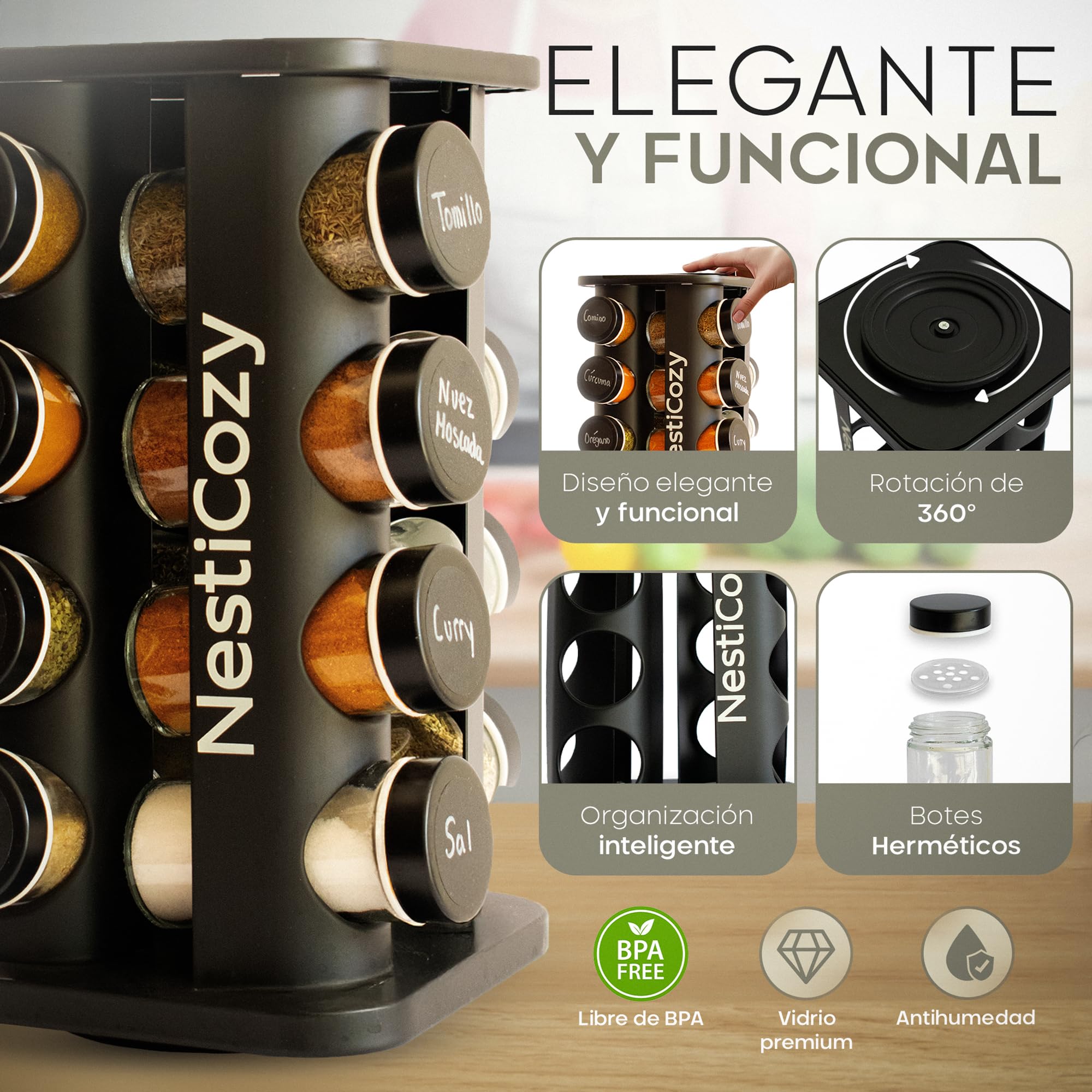 Présentoir à épices rotatif à 360 °, organiseur de cuisine noir compact avec 16 bocaux en verre hermétiques, étiquettes réutilisables, économie d'espace comptoir élégant moderne, rotation