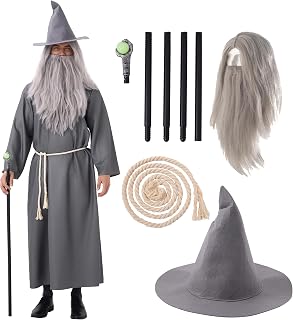 Wizard Costume for Men, 5 Piece Sorcerer Robe, Hat, Wig, Beard & Staff