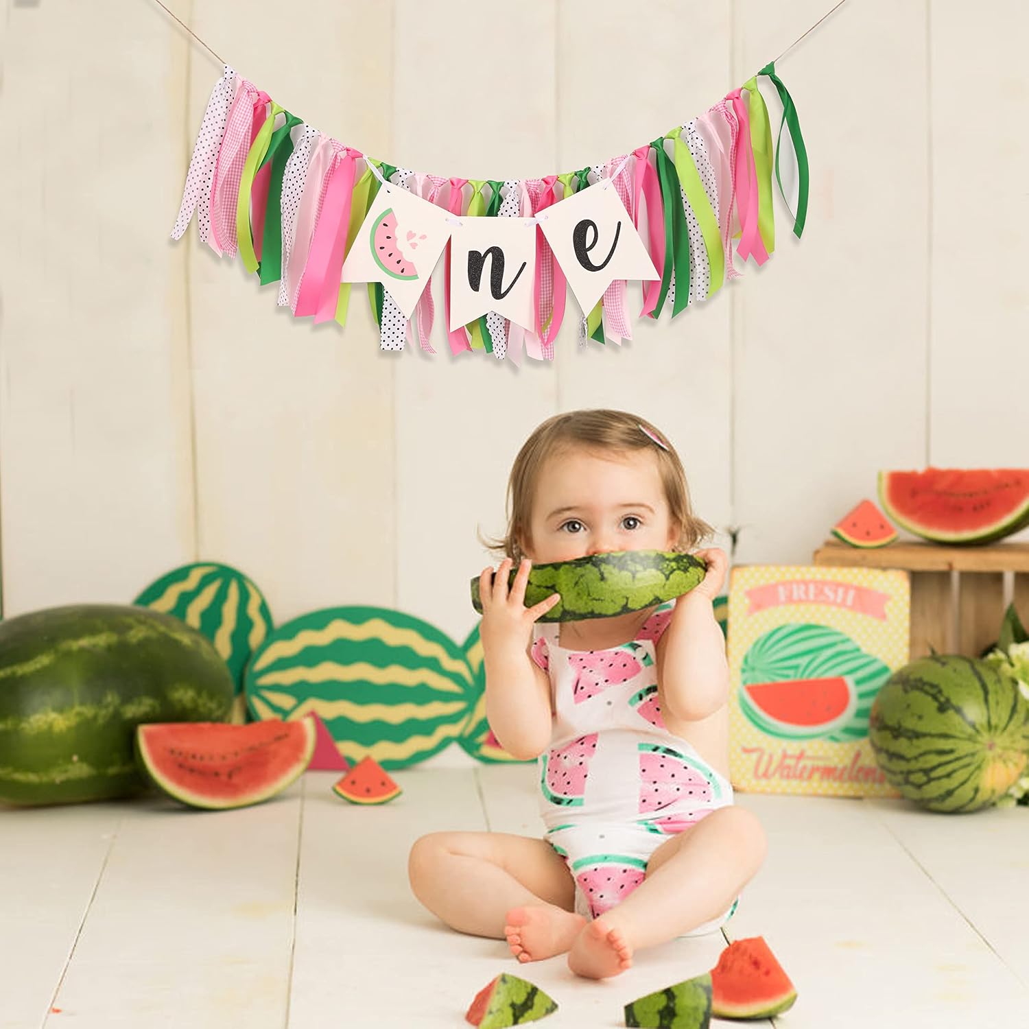 Watermelon Highchair Banner, 1st Birthday Decorations for Girl, Fruits Theme, Red, Handmade, Reusable, Photo Prop, 80*8.75 inches