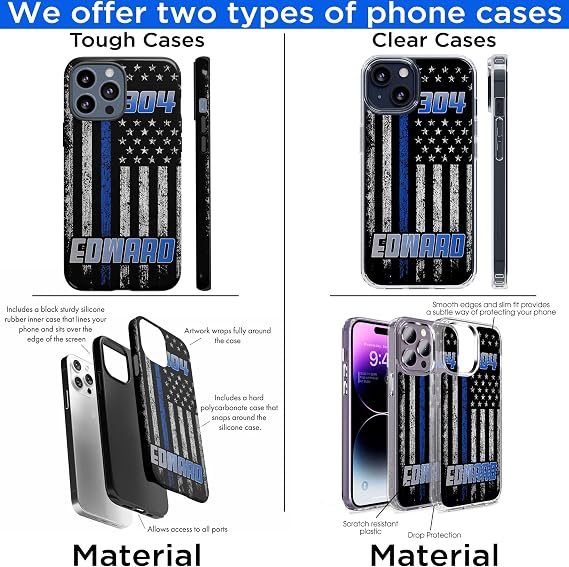 Personalized American Flag Police Officer Phone Case Thin Blue Line Police Custom Name Gifts Husband Dad Compatible with Clear Case Tough Case for iPhone 15 14 12 13 11 X XR XS Promax Plus