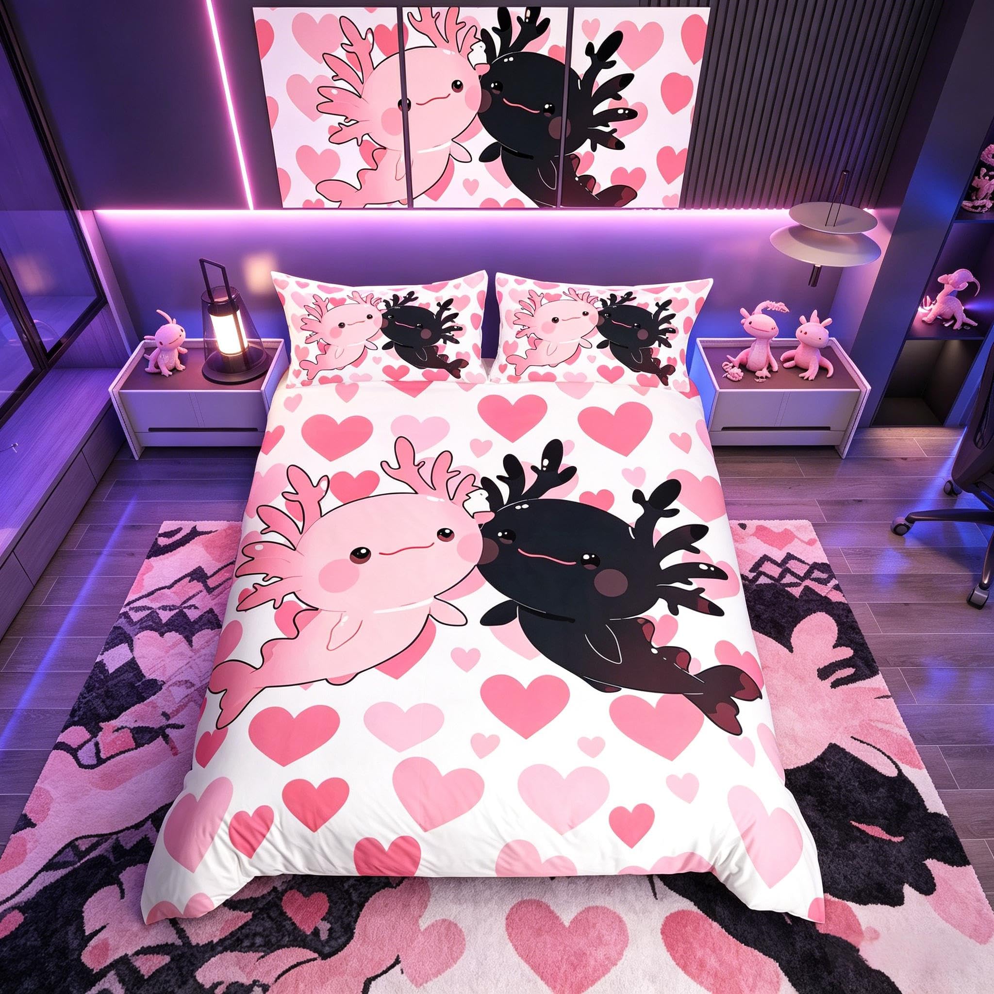 Homemissing Pink And Black Axolotl Printed Duvet Cover Super Large Cute Heart Pattern Children'S Bedding For Girls Bedroom Decoration, Cute Marine Animals Axolot Pink Bedding Set