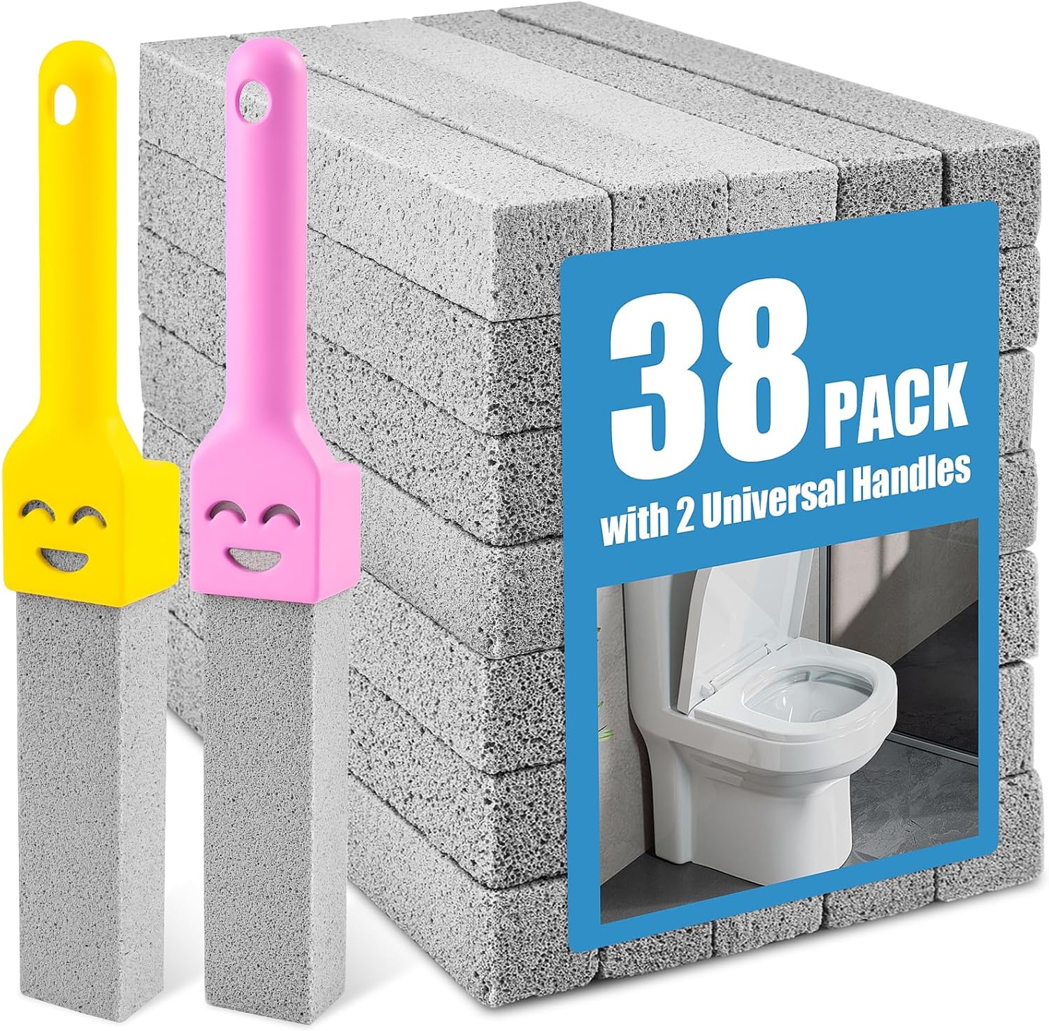 38 Pack Pumice Stone with 2 Handles, Toilet Bowl Cleaner Ring Remover, Pumice Stone for Toilet Cleaning, Bathtub, Grill, Pool, Sinks, Stove Grates - Reusable Scouring Stones Cleaner