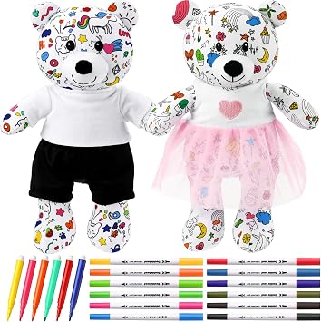 Yeyeplum 2 Pcs 14 Inch Large Coloring Bears Stuffed Animal Back to School Doodle Plush Bears with Clothes Bulk Washable Markers Pens Kids Drawing Art Crafts Students Prize Gifts Classroom Supplies