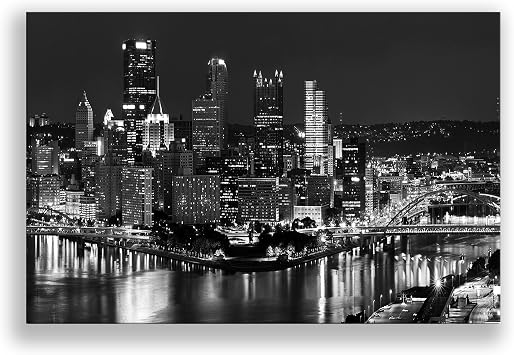 BoxColors 1 Panel of 20x30 inches Canvas Prints Wall Art Pictures Framed Pittsburgh City black & White night Skyline Cityscape Home Decor Living Room Bedroom C2327