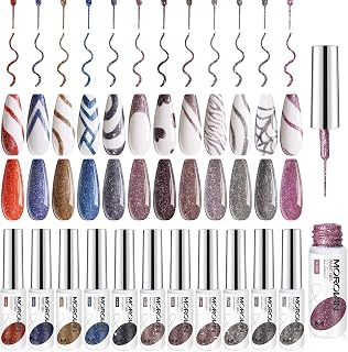 Morovan Gel Liner Nail Polish Set - 12 Popular Glitter Colors: Silver, Brown, Purple, Red - Art Liner for French Tip & Swirl Design