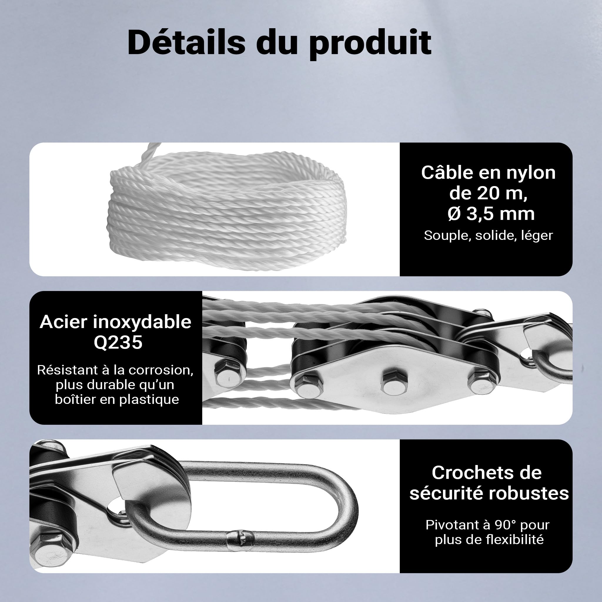 XPOtool Palan manuel - Charge max. 180 kg - avec Câble Bowden universel de 20 m - Hauteur de levage max. 3 m - Treuil avec Poulie de guidage