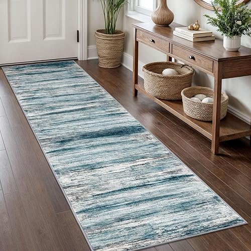 Miniatura 148 de KOZYFLY Alfombra moderna abstracta lavable de 2.6 x 10 pies, antideslizante, suave, alfombra de camino de cocina, alfombra a rayas azules óxido para