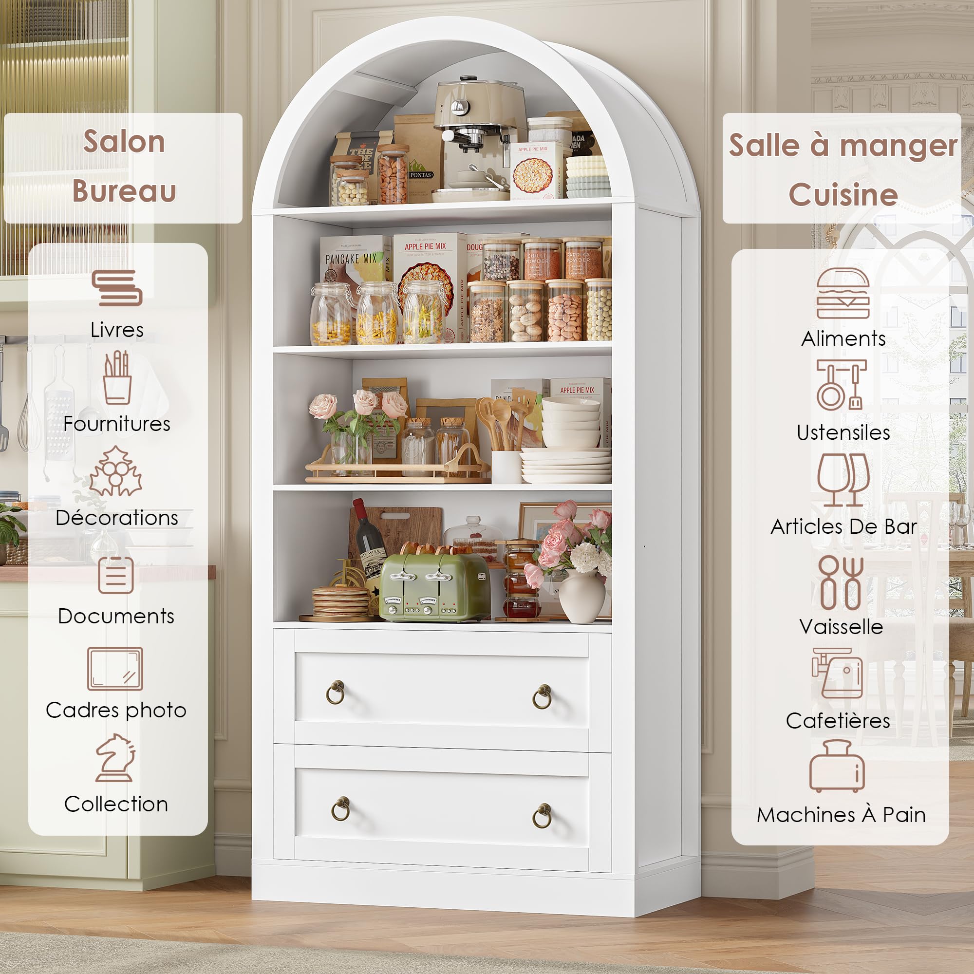 FirFurd Bibliotheque Meuble de Rangment avec 2 Tiroir 4 Etagère Arche Blanc | 177x79,5x36cm, Bibliotheque livre en forme d'arc, Bibliothèques étagere rangement pour salon bureau, cuisine, apt, Classique