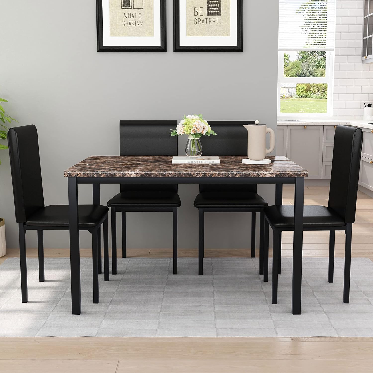 AWQM Dining Table Set for 4, Kitchen Table and Chairs,Faux Marble Dining Table for Small Spaces,4 Upholstered PU Leather Chairs,Dining Room Table Set for Kitchen, Bar, Living Room - Table & Chair Sets