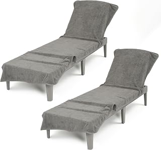 American Soft Linen 2 Packed Chaise Lounge Covers with Pocket, 86"x32" Oversized Beach Pool Lounge Chair Towels (Gray Chair Towel, 2 Piece)