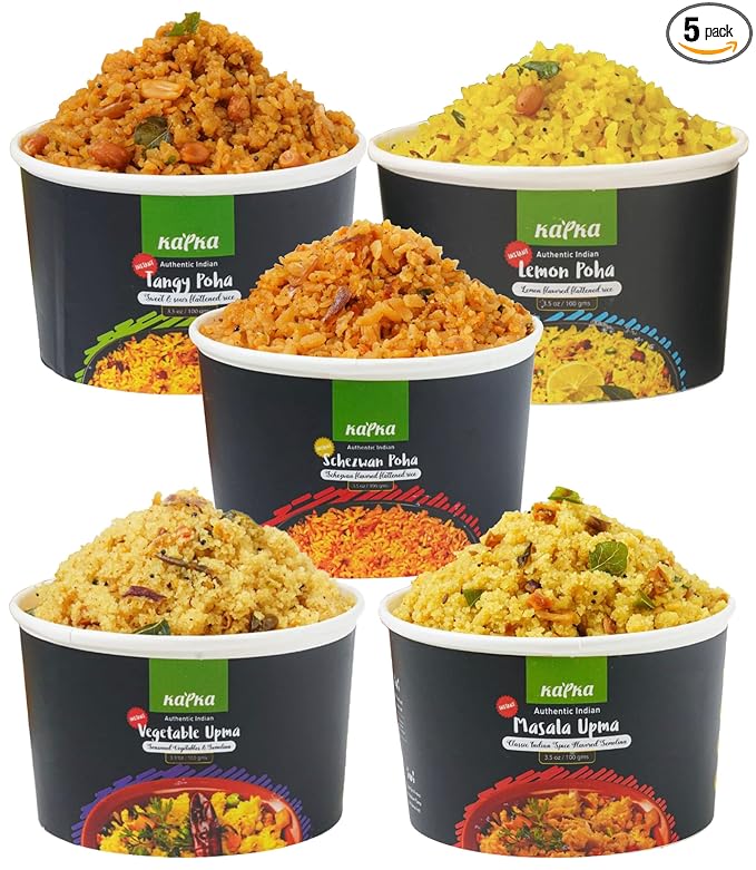 Kapka Assorted Variety Indian Meals - 5 Pack - Ready to Eat Authentic Vegan Prepared Food - Just Add Water - Microwaveable Plant-Based Snacks for Breakfast, Lunch, Non-GMO, No Additives - 3.5oz Each
