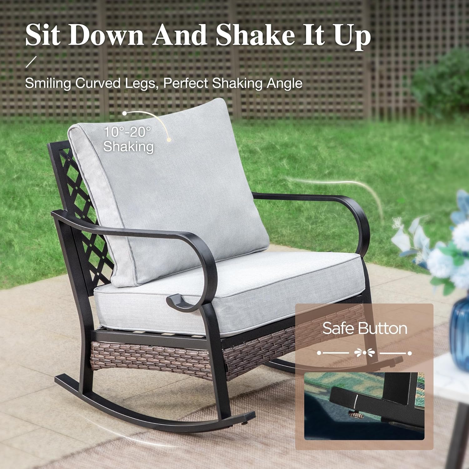 HERA'S HOUSE Patio Rocking Chairs Set of 2 with Thick Cushions, High Back Metal Outdoor Rockers, All Weather Garden Furniture for Backyard, Deck, Lawn, Light Grey