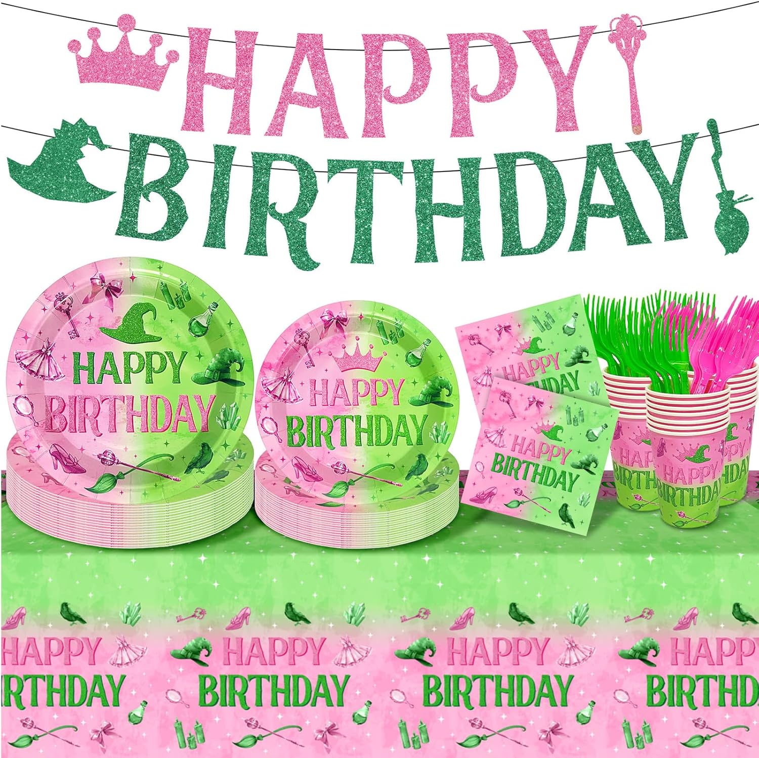 24 Set Pink and Green Witch Party Decorations Tableware Set Movie Themed Birthday Party Supplies Witch Princess Paper Plates Cups Forks Tablecloth Banner to Serve 24 Guest
