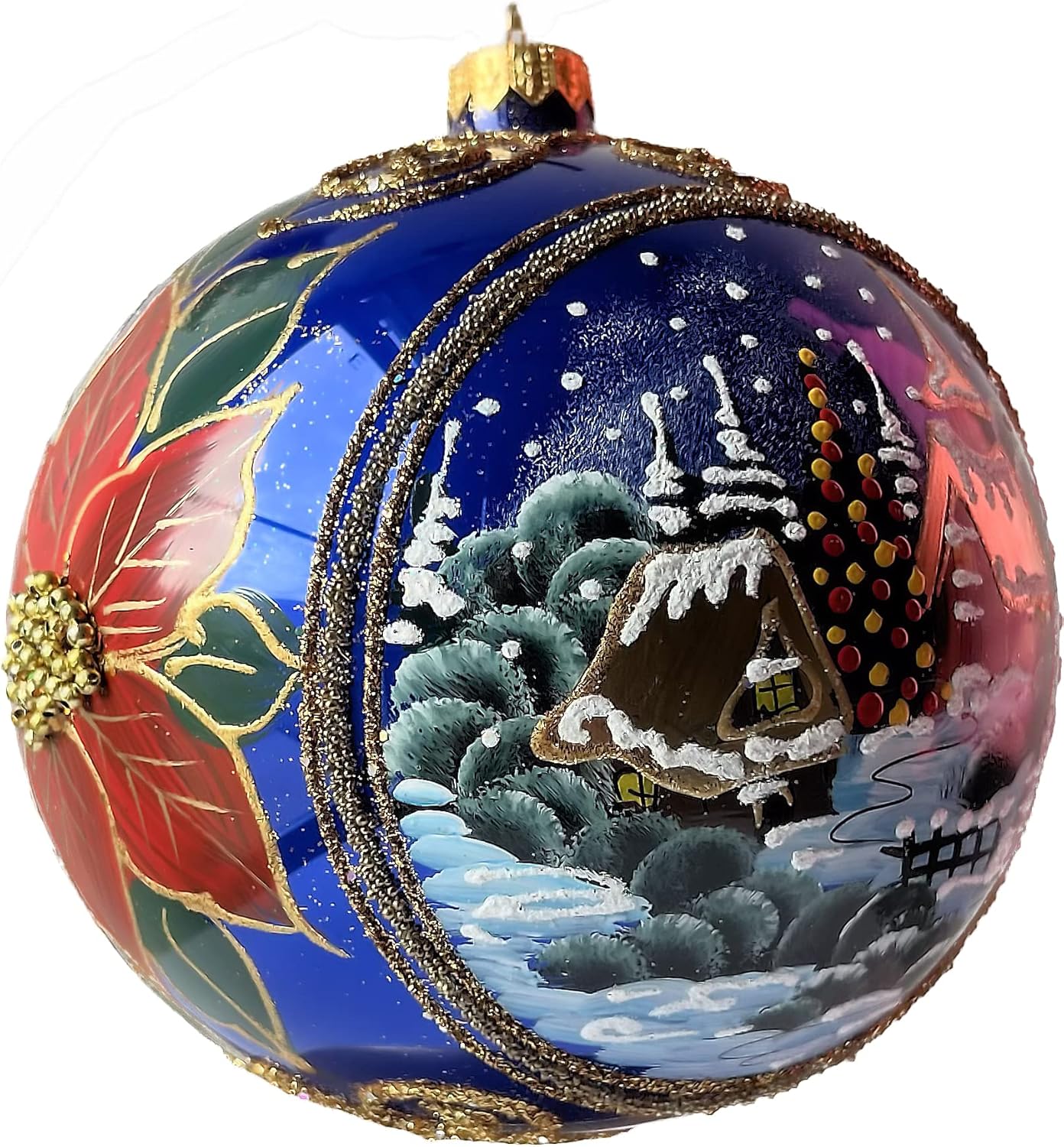Sapphire Navy Blue Christmas Ornament Polish Blown Glass Ball Hand Painted Large Bauble 6 inch Ø/150mm Midnight Poinsettia