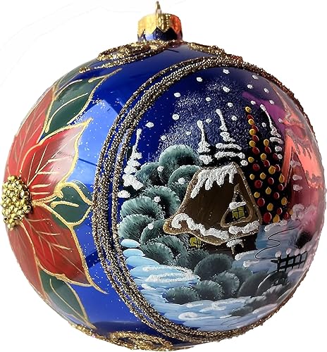 Polish Gallery Adorno de Navidad día de invierno con flor de Pascua roja bola de vidrio soplado azul marino 5906in