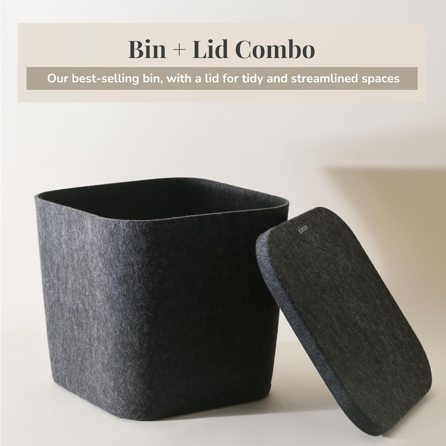 SortJoy The Original Sculpted Bins With Lids Set of 3 Storage Bin Felt Storage Basket Drawer Organizer Clothes Closet Cabinet Bathroom, Pantry, Kitchen 12.5" x 12.5" x 11.63" (Carbon, Dark Grey)
