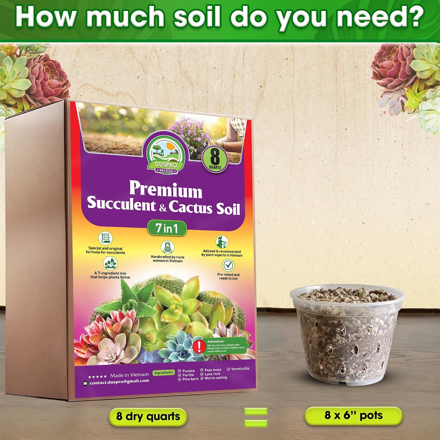 DUSPRO Succulents Soil Potting Mix – 7 in 1 Ingredients Well-Draining, Nutrient-Rich Cactus Potting Soil for Succulents and Cacti, Indoor & Outdoor Use, Ready to Use, Supports Healthy Root Growth, 8QT