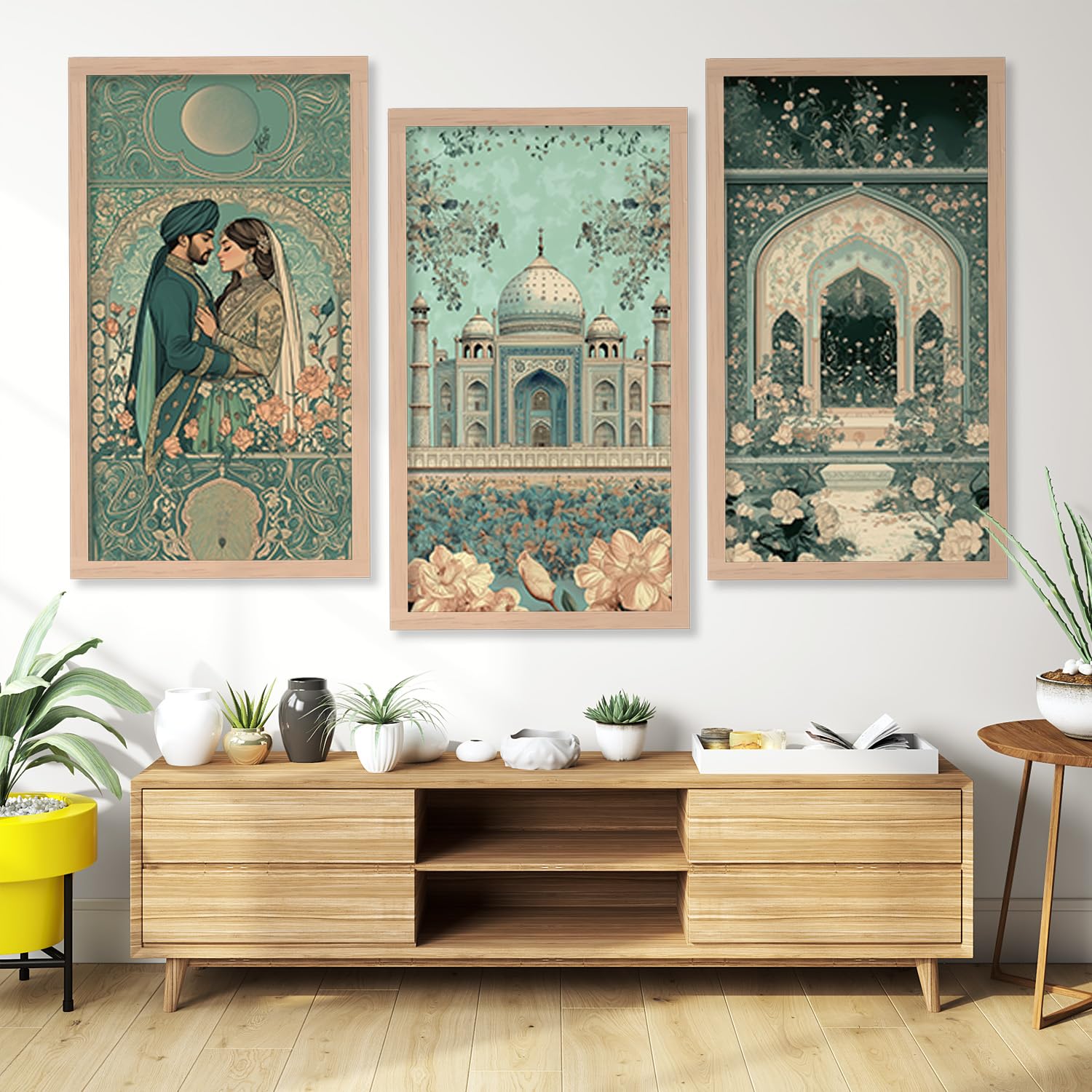 BANGERZ Mughal Couple Wall Paintings for Living Room Wall Decoration, Bedroom, Home, Office Wall Decor, Big Size Madhubani Frames (Set of 3, 10inch x 19inch) (Art 8, Brown Frame)