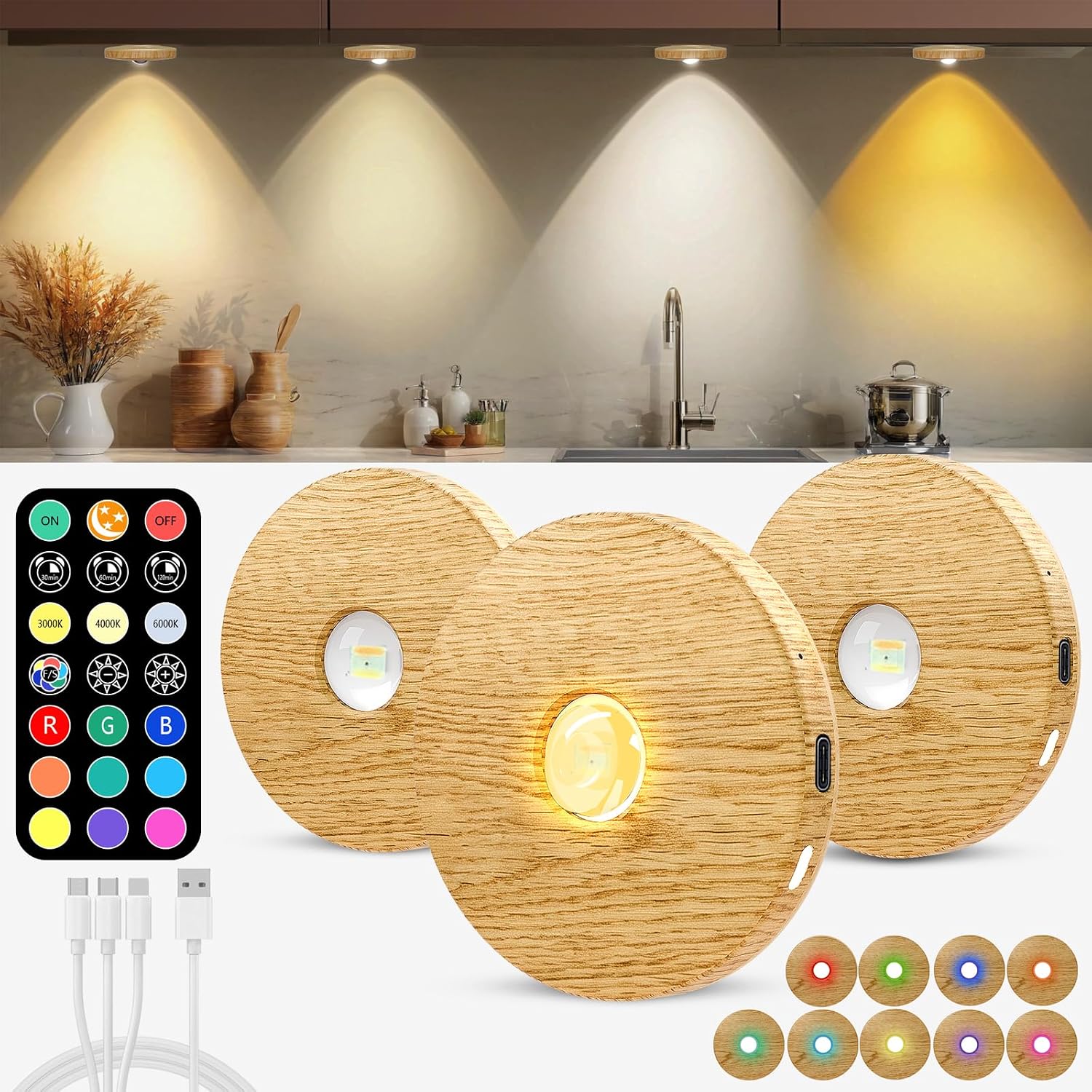 Rechargeable Puck Lights with Remote, Wood-Look Under Shelf Lights, 3 Pack