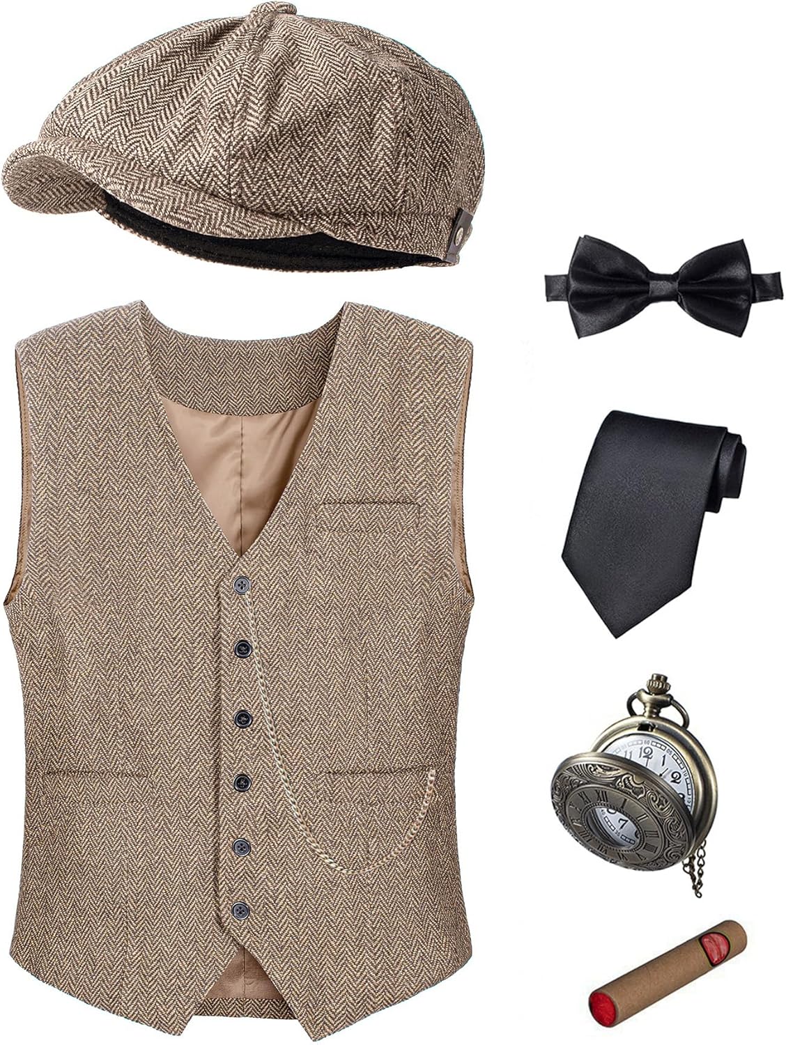 1920s Mens Costume Vest Hat Pocket Watch Accessories Set Adult Party Cosplay
