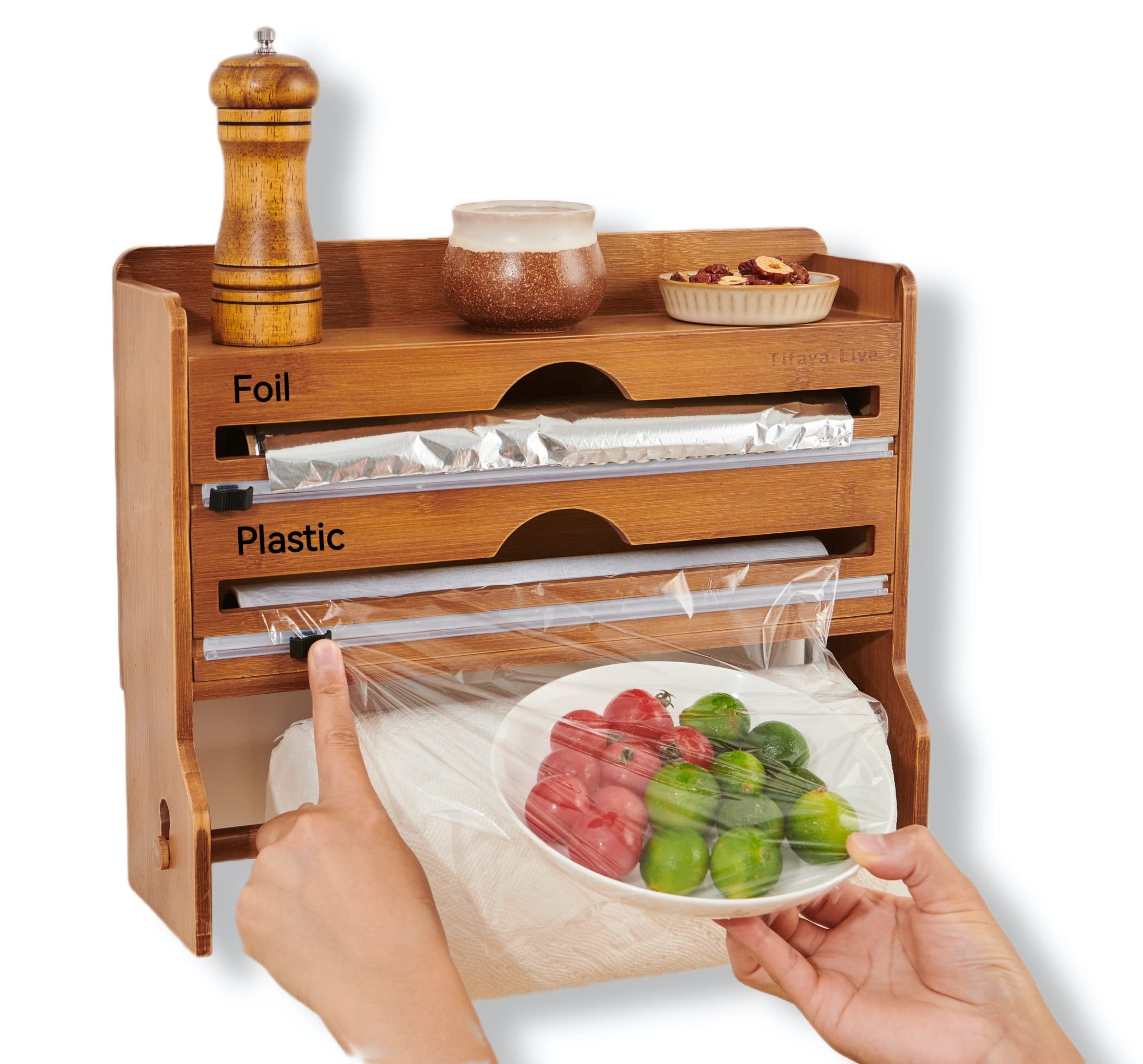 Foil and Plastic Wrap Organizer, Bamboo Wall Mount Paper Towel Holder