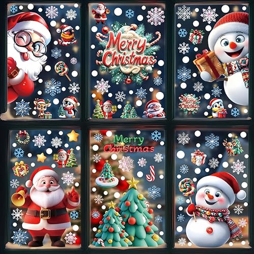 Adhesivos para ventana de Navidad, Papá Noel, muñeco de nieve, decoración de ventana, árbol de Navidad, copos de nieve, Navidad, letra feliz,
