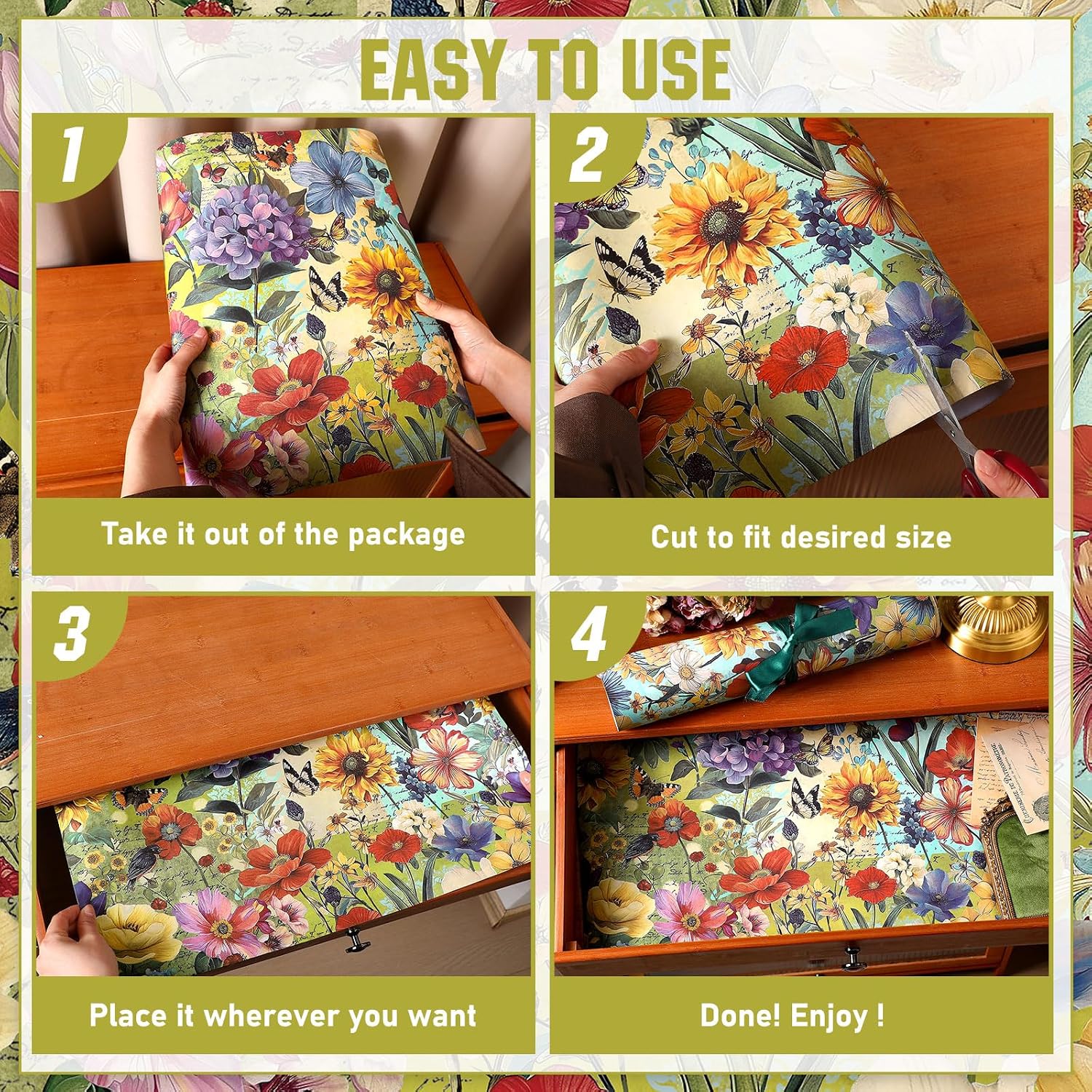BBTO 20 Sheet Flower Scented Drawer Liners for Dressers 15.8" x 22" Vintage Spring Floral Fragrant Cabinet Drawer Liners Non Adhesive Butterfly Paper Mats for Bedroom Home Closet Shelf