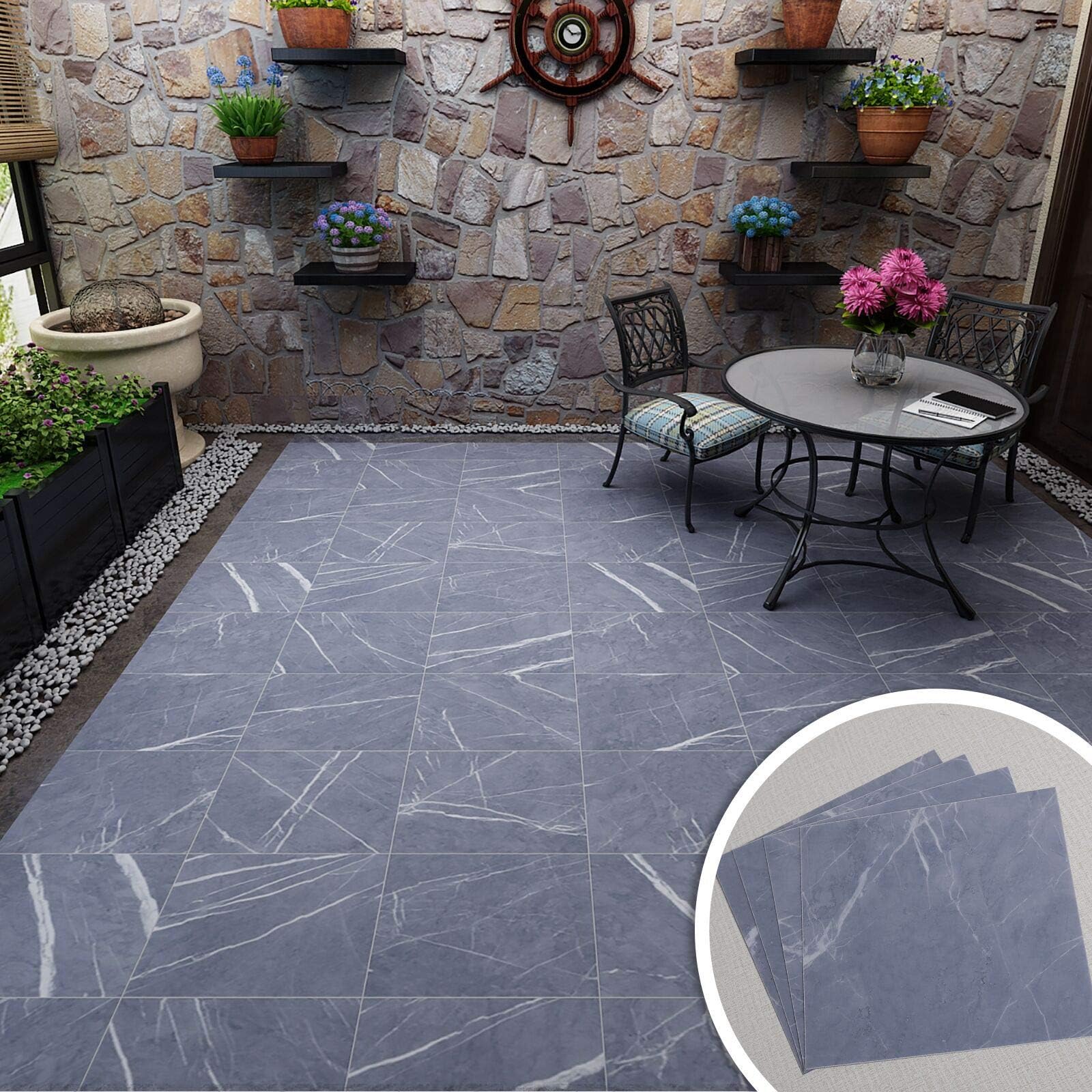 VEELIKE 4 Pcs Marble Peel and Stick Tiles Self Adhesive Vinyl Flooring Oil-Proof Kitchen Backsplash Decal Anti-Friction Waterproof Floor Sticker for Bathroom Bedroom Home Decor (11.8" x 11.8")