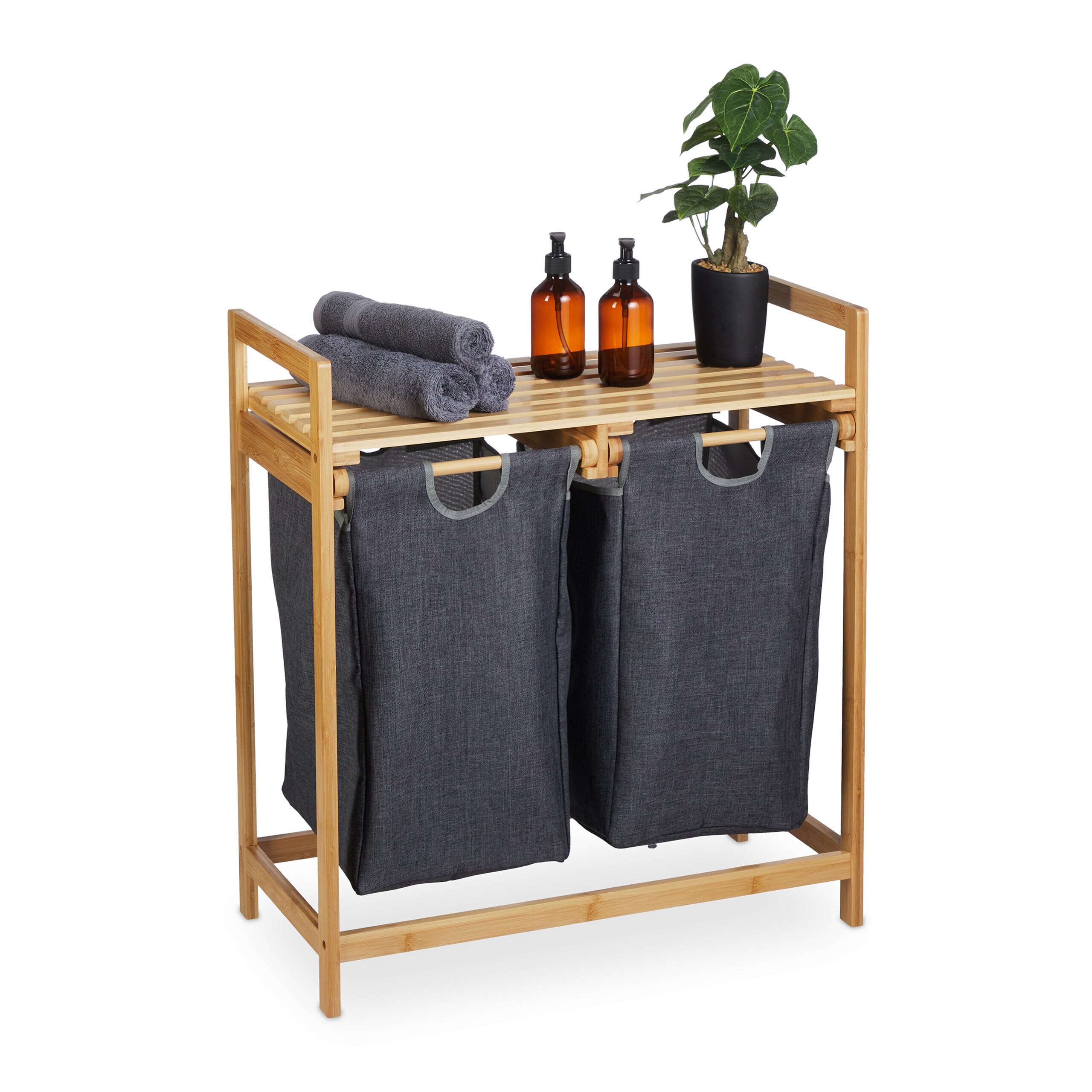 Relaxdays Wäschekorb Regal aus Bambus – ausziehbar, 73 x 64 x 33 cm, 2 Fächer + Ablage, natur/grau