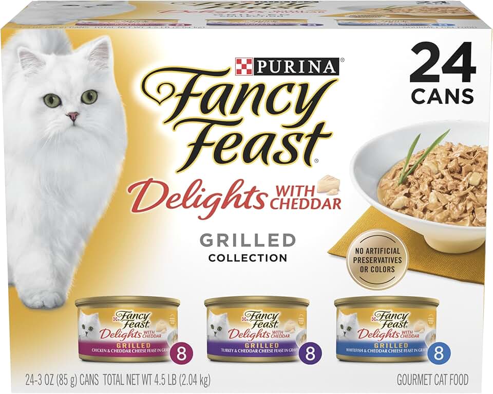 Purina 精美盛宴搭配切達烤雞、火雞或白魚和切達起司盛宴肉汁濕貓糧品種裝 - （24 件裝）3 盎司。罐頭