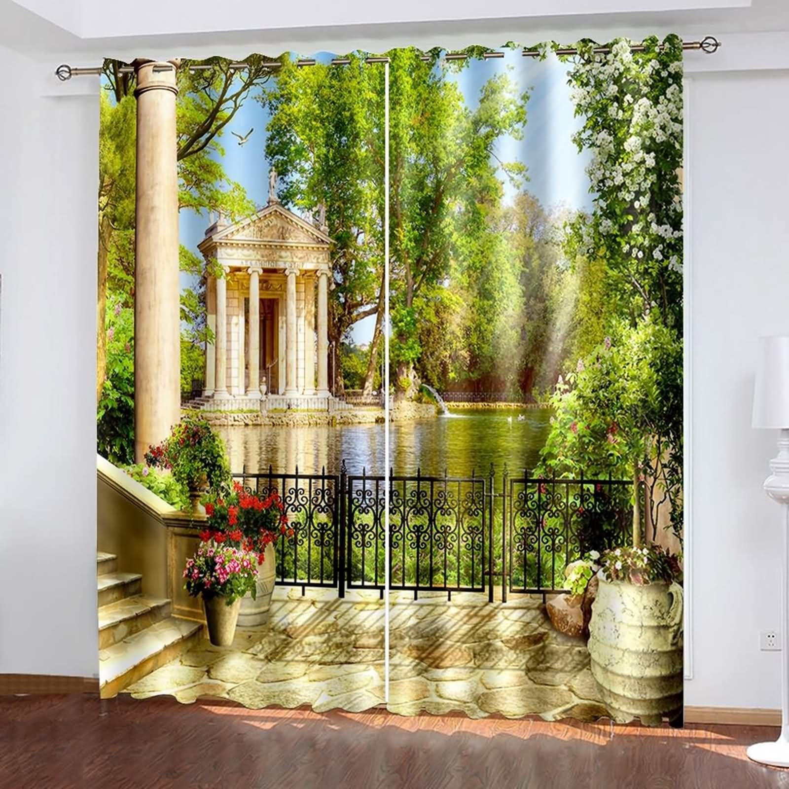 Zestaw zasłon zaciemniających, zasłony zaciemniające do sypialni, wielokolorowe, nordycki dziedziniec, jezioro i budynek poliester, 2 panele 172 x 114 cm