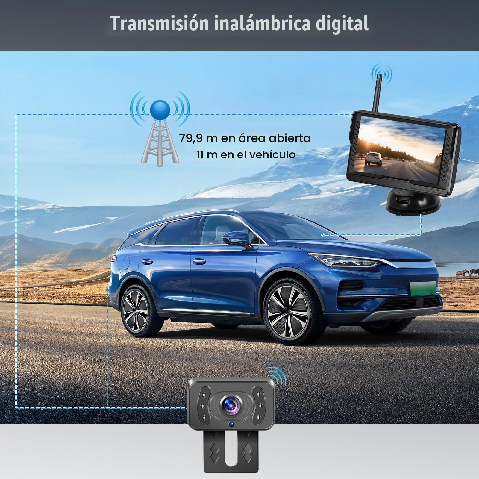 Kit de Cámara de Retroceso Inalámbrica con Monitor LCD de 5 Pulgadas AHD, Visión Nocturna Superior, Impermeable IP69, 12V para Coche, Camión, Furgoneta y Remolque