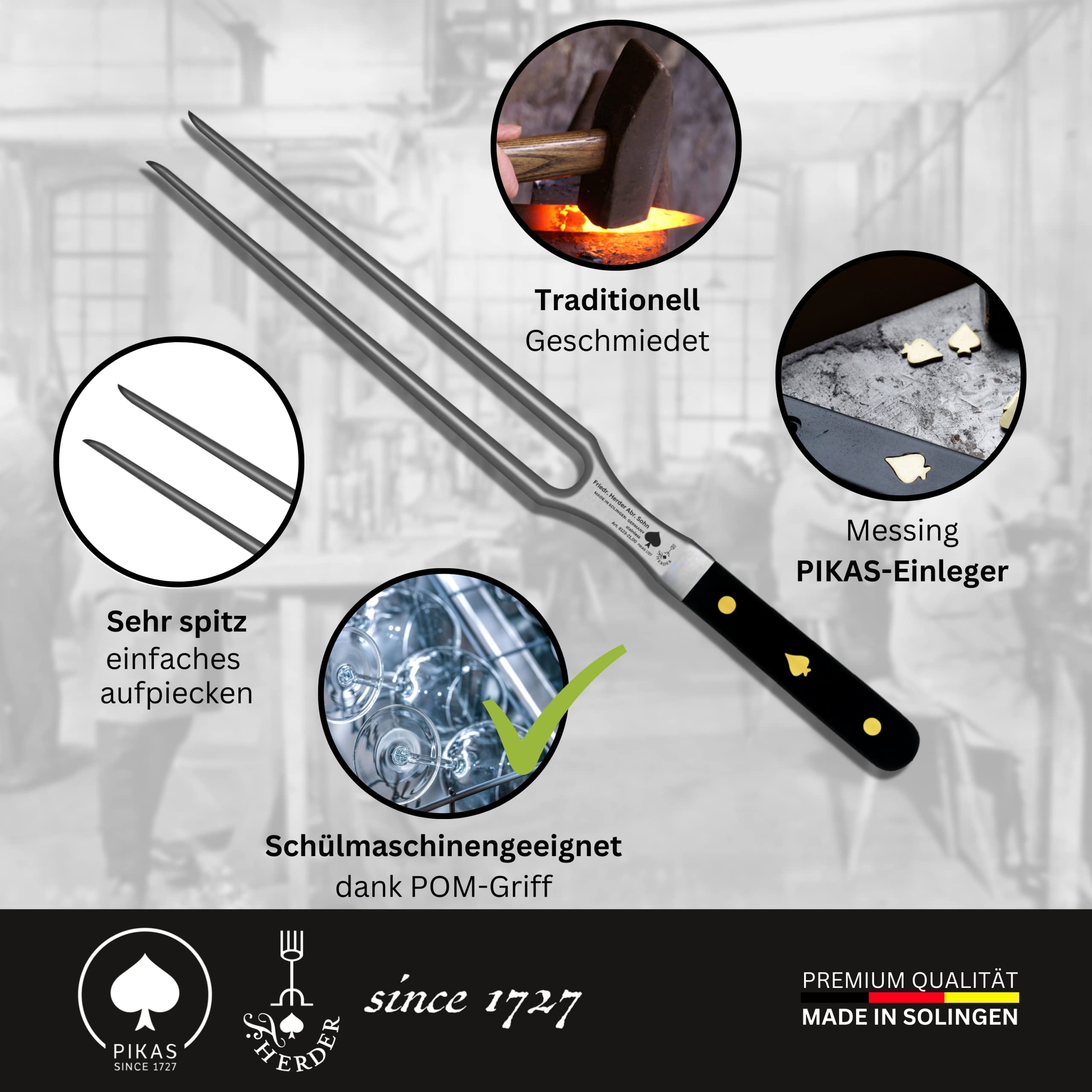 Fleischgabel Premium aus Solingen, Extrascharf, Rostfrei, Gabellänge 21 cm – Grillgabel, Fleisch und Grillgut, Spülmaschinengeeignet, Deutschland