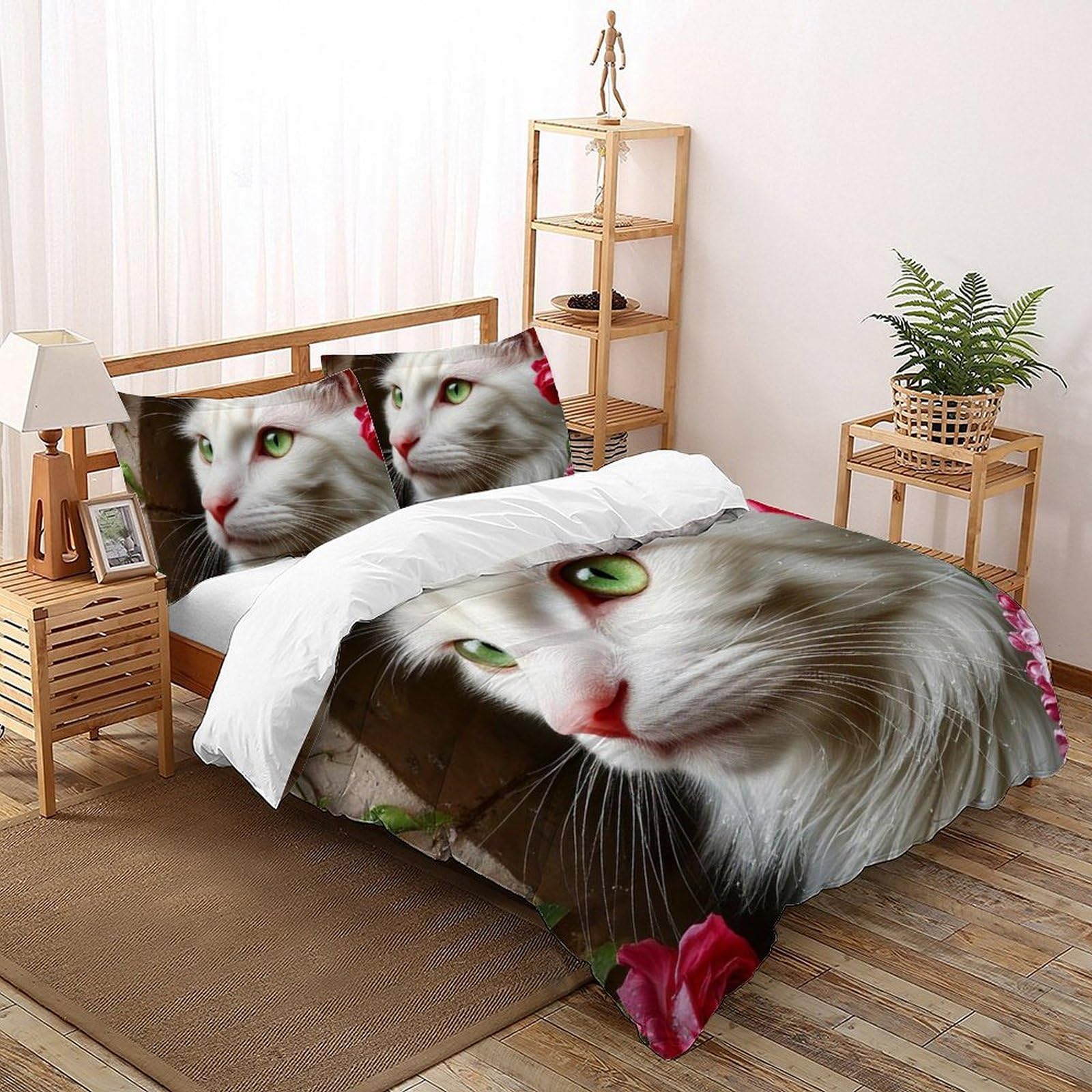 Housse de couette 260x220cm microfibre premium au motif chat et fleurs haute définition