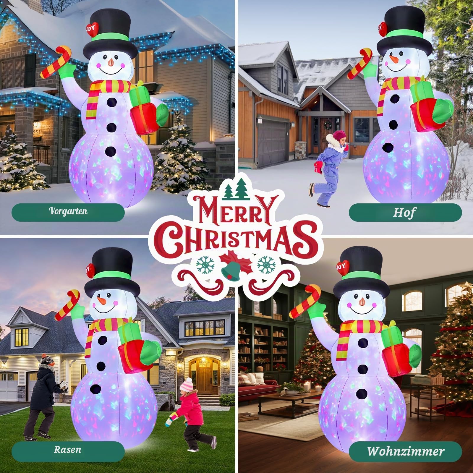 2,13 m Aufblasbarer Schneemann mit Rotierenden Bunten LED-Lichtern | Weihnachtsdeko für Außenbereich mit integriertem Gebläse | Wasserdicht & Sturzsicher für Gärten, Hof und Weihnachtsmärkte