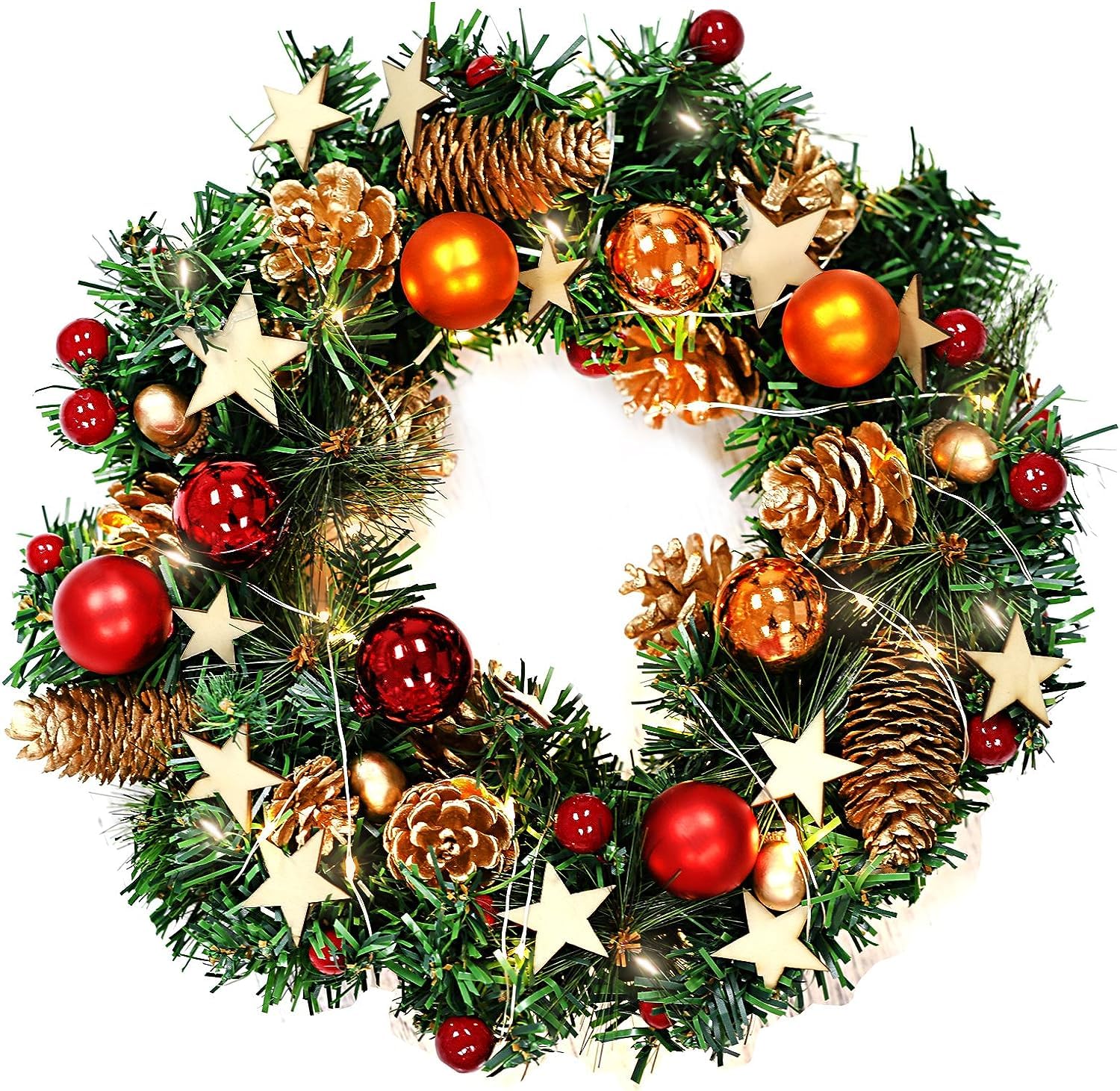 Naler Guirnalda de Corona de Navidad LED Puerta Decoración Navideña con Bolas Piñas Conos con Luz Blanca Cálida