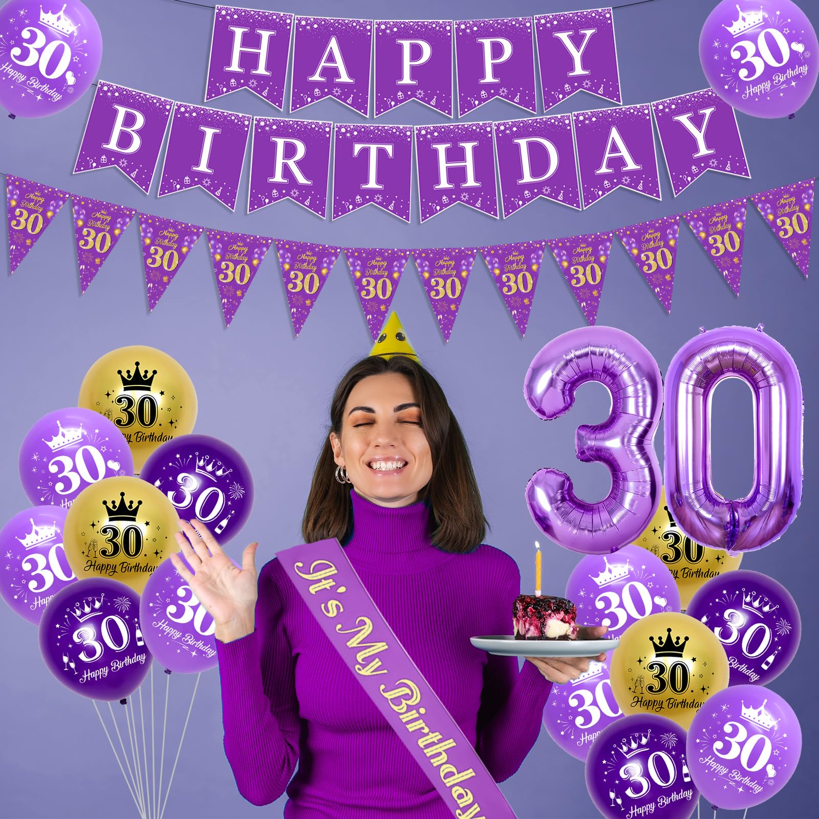 Violette Geburtstagsdekoration Set – 30 Teile, Mit Krone, Schärpe, Banner, Ballons & Mehr