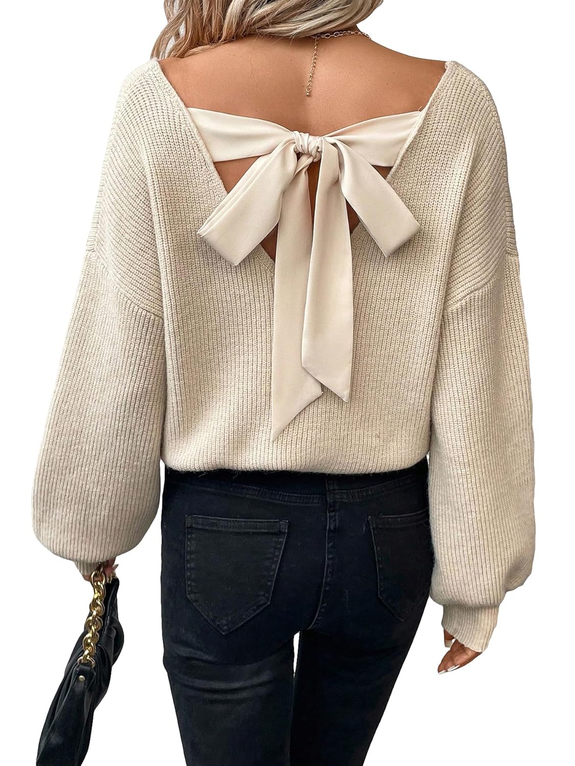 GORGLITTER Womens Bow Fall Sweaters 2025 Cable Knit Chunky Oversized Long Sleeve Backless V Neck Pullover Tops