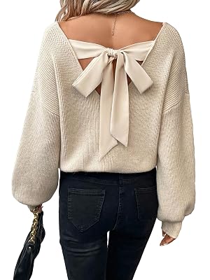 GORGLITTER Womens Bow Fall Sweaters 2025 Cable Knit Chunky Oversized Long Sleeve Backless V Neck Pullover Tops