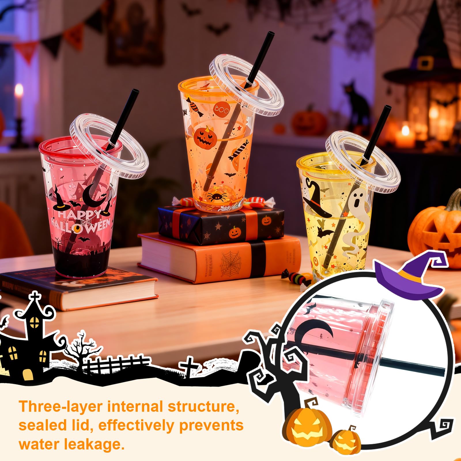 6 Stück Halloween doppelwandige Kunststoffbecher mit fließendem Glitzer