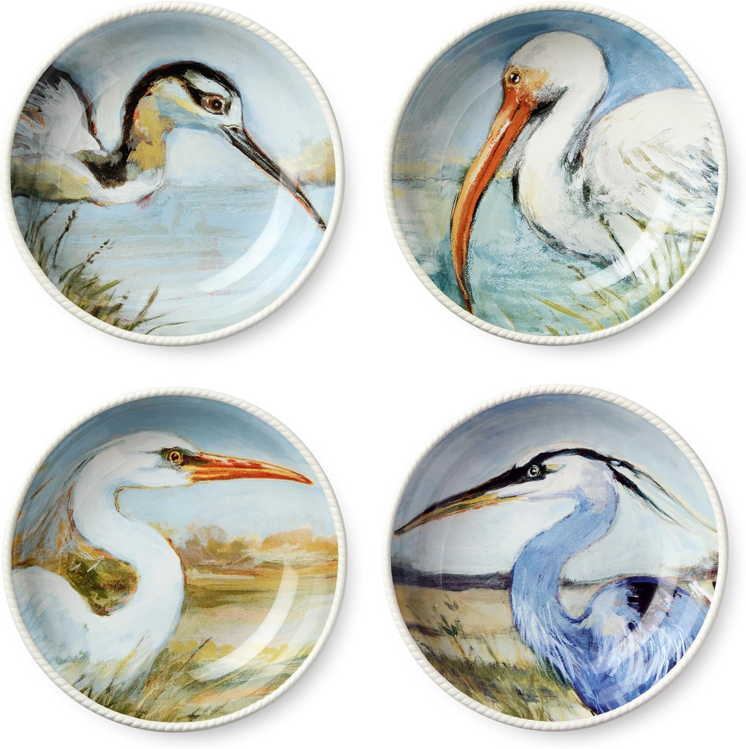 Coastal Birds 9-Inch SOUP/CEREAL BOWLS SETof 4, Ceramic Assorted artist-designed Wetland Birds, Blue Sky Marsh Scenes, Dishwasher Safe Coastal Pasta Cereal Bowls