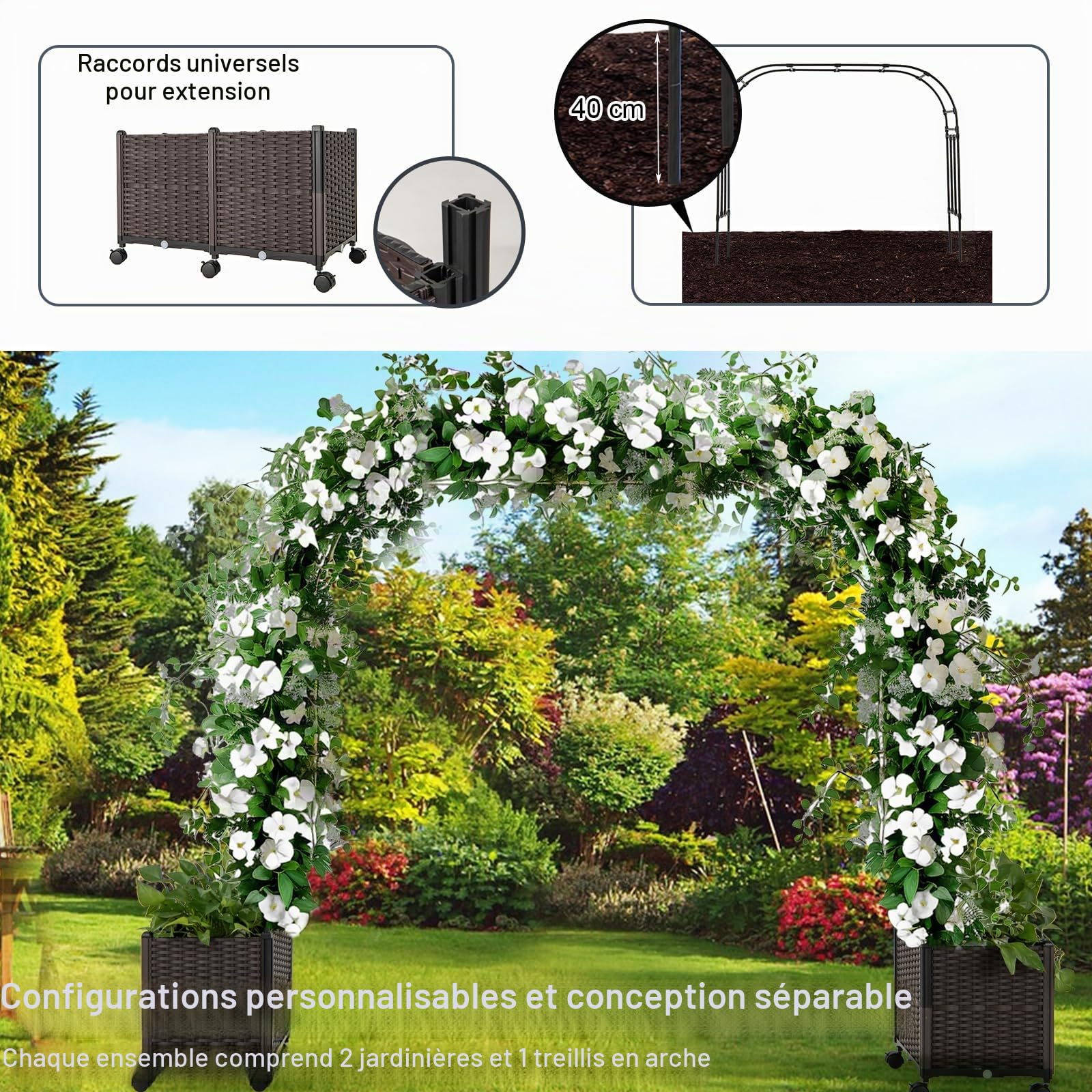 HOMASIS 2 en 1 Arche Jardin avec 2 Jardinières Mobiles, Tonnelle en Métal avec Treillis, Roues Verrouillables etTrous Drainage, Support Arche pour Plante Grimpante (288x40x202cm)