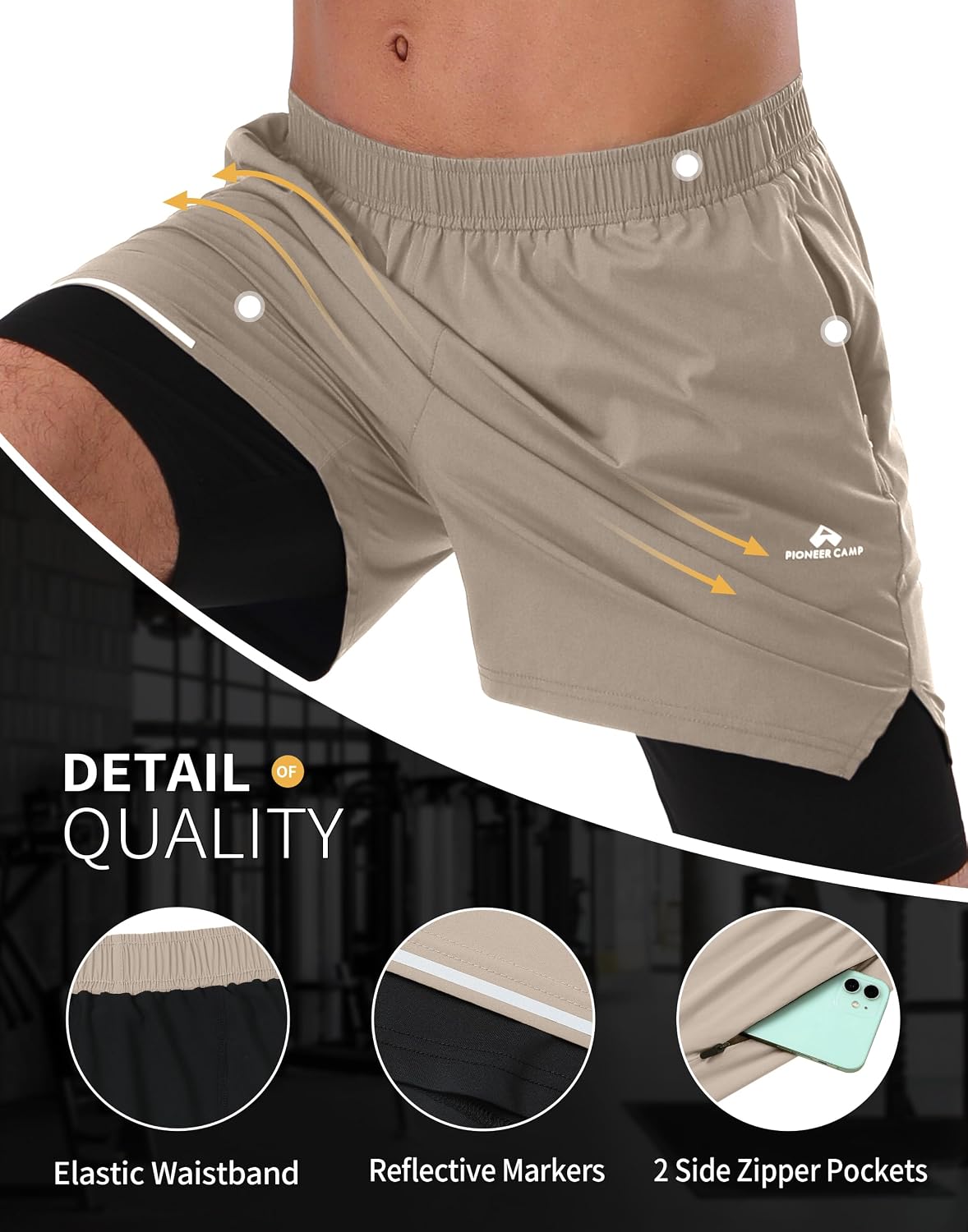 Pioneer Camp Men's 2 in 1 Running Shorts 5" Quick Dry Athletic Workout Shorts with Compression Liner Zipper Pockets
