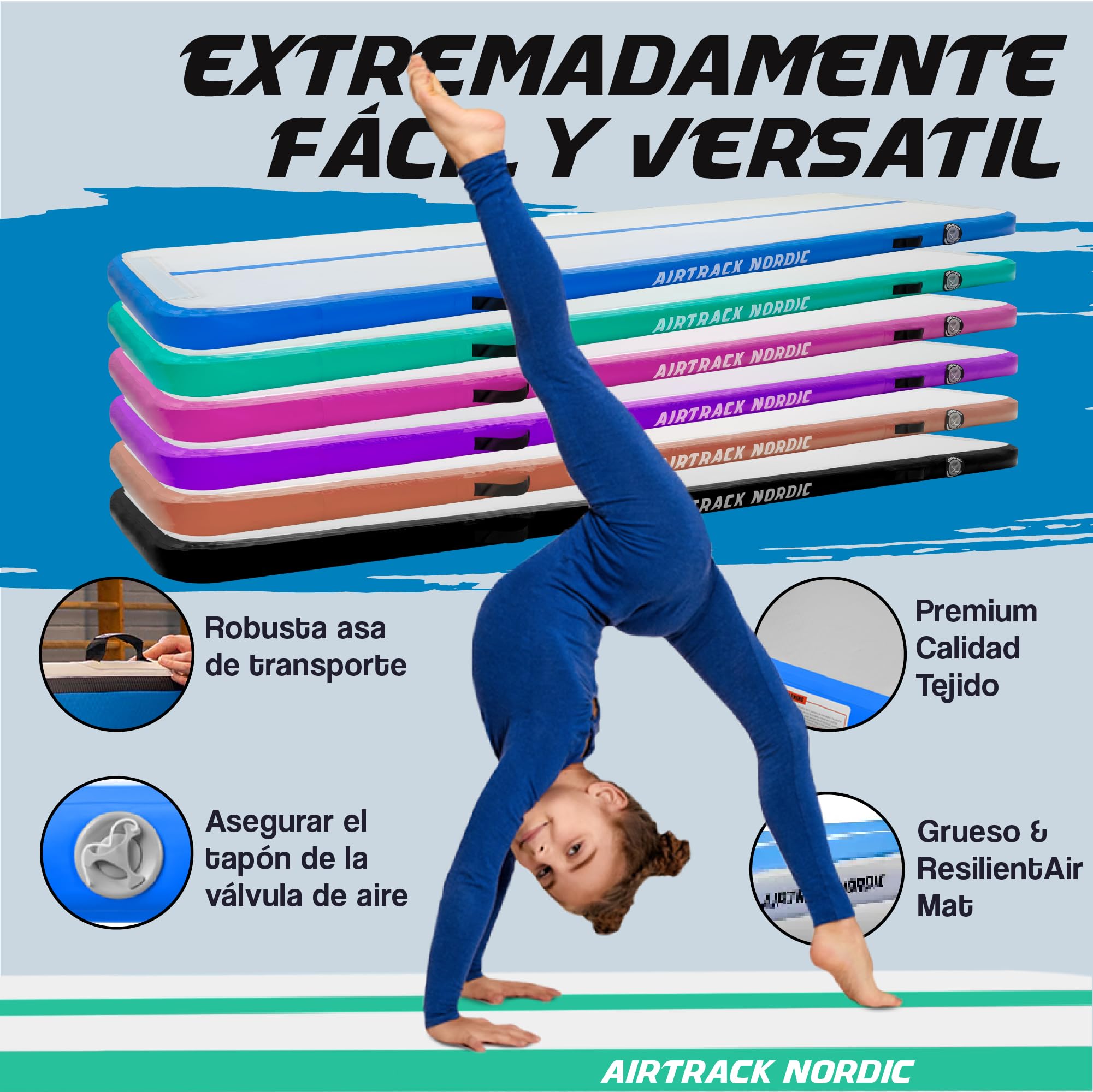 Airtrack Nordic Standard Gimnasia colchoneta inflable 3m - 8m - con bomba de aire eléctrica, esterilla inflable de gimnasia, ideal para gimnasia, yoga
