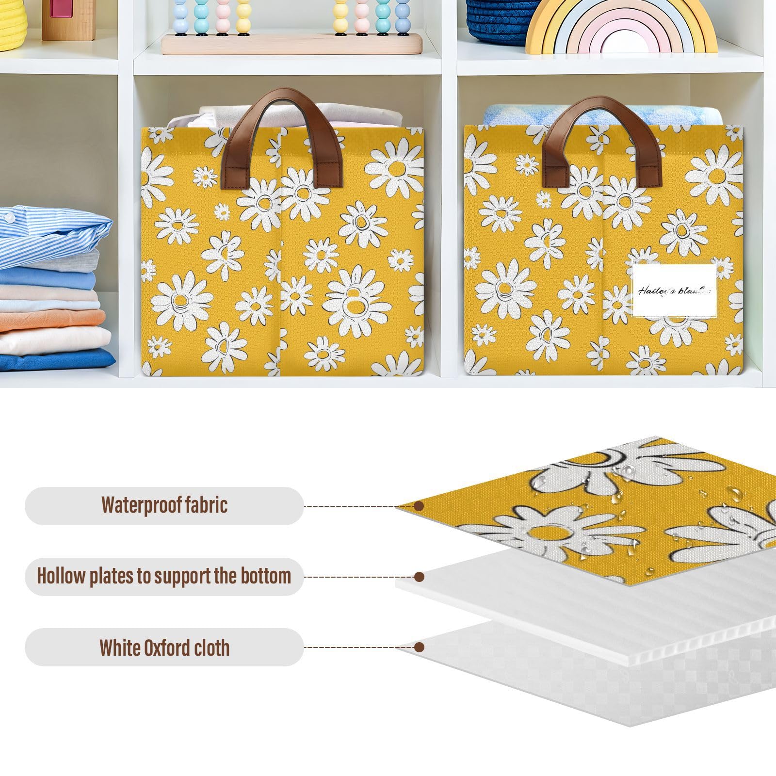 KLL Żółta stokrotka kosze półkowe z uchwytami, składane pojemniki do przechowywania tkanin, do organizacji, półek, ubrań, domu, biura, 2-pak cajas de almacenamiento para closet