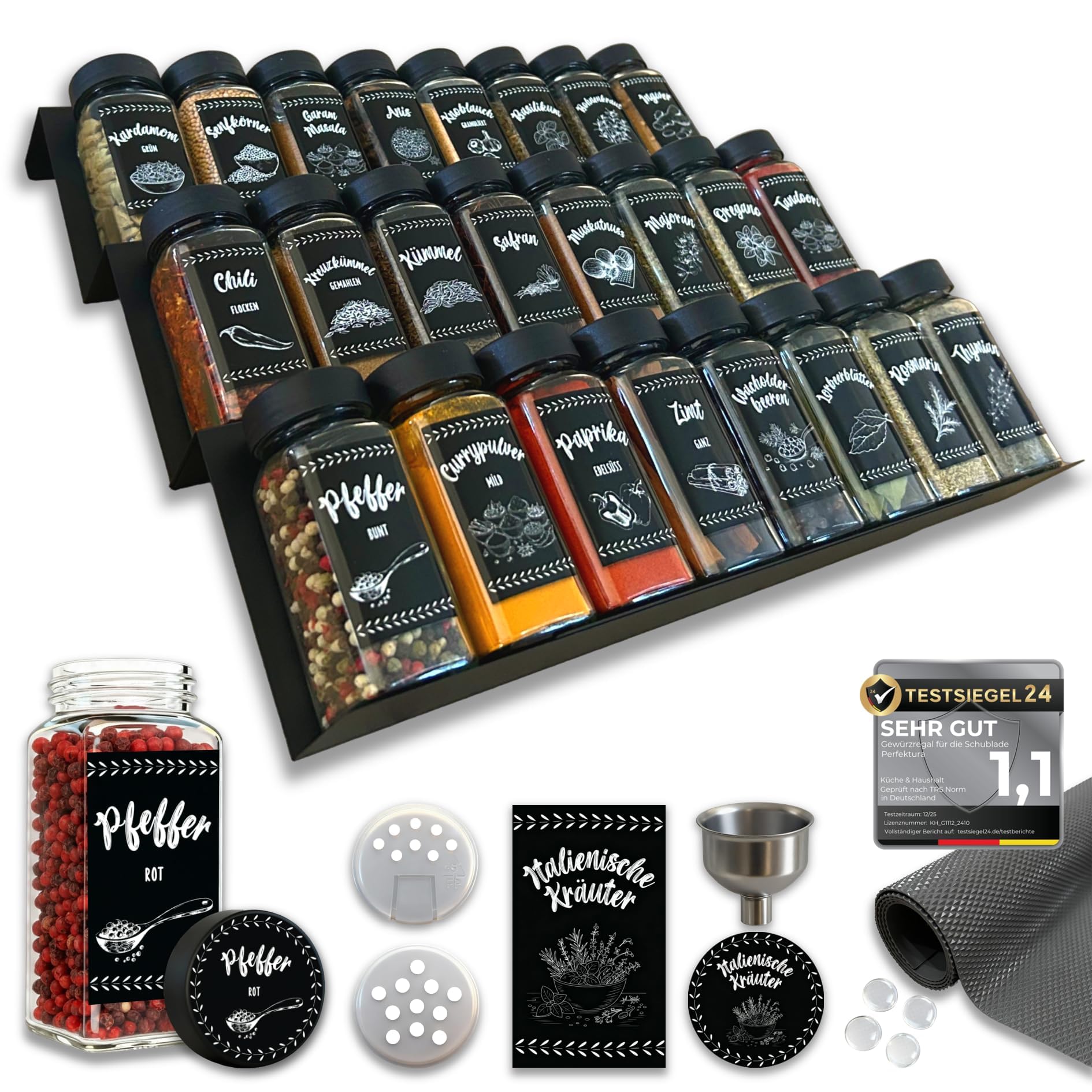 Gewürz Organizer Schublade Gewürzregal Schublade - 24 Gewürzgläser mit Etiketten, Premium Schubladen Organizer, ausziehbar & flexibel einstellbar