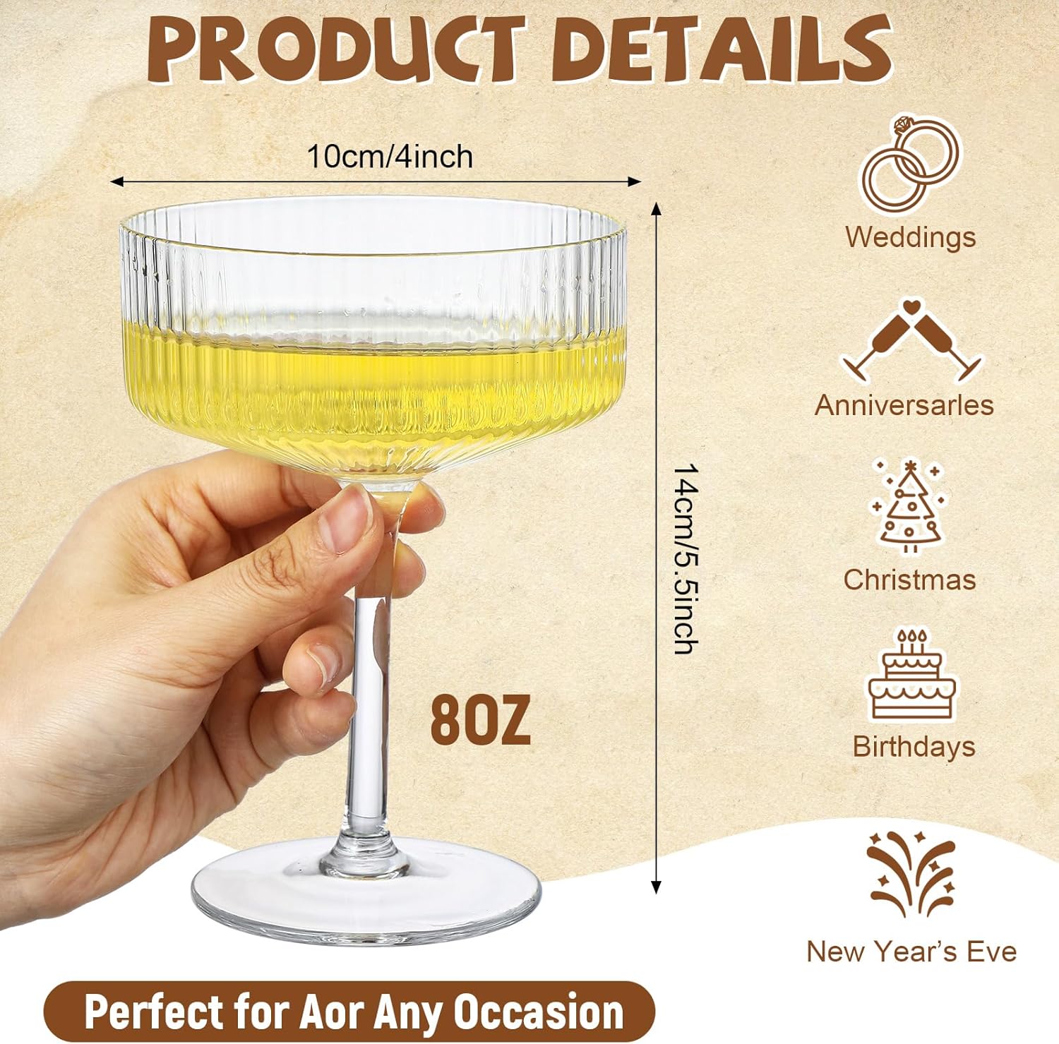 Set of 12 Champagne Tower 8 oz Glass Ribbed Champagne Coupe Glasses Set Clear Ribbed Martini Coupe Cups Classic Cocktail Glasses for Wedding Birthday Party Bar