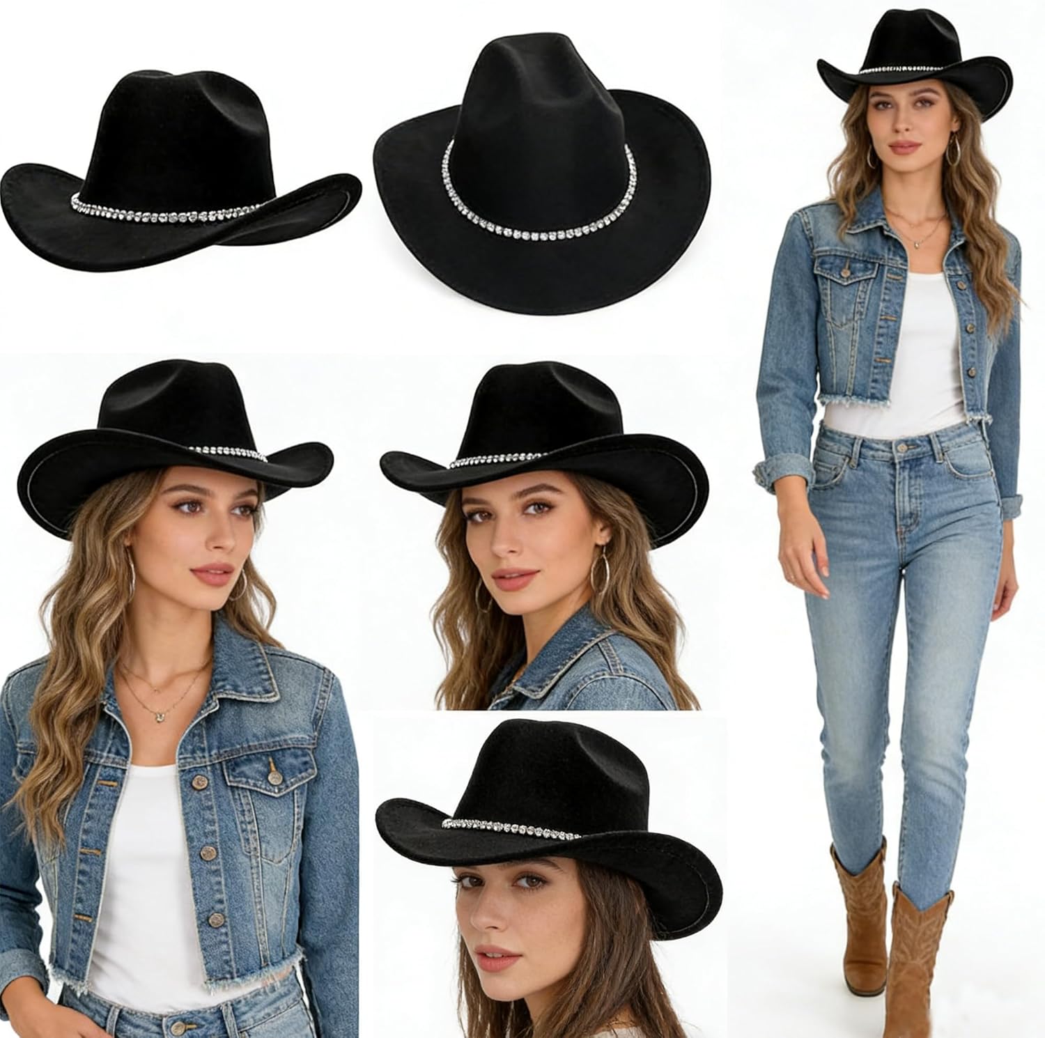 IZUS Women Sparkly-Rhinestone Western-Cowgirl-Hat Glitter-Bling Cowboy-Hat Felt-Rodeo-Hat for Disco-Party Medium/Large - Image 5