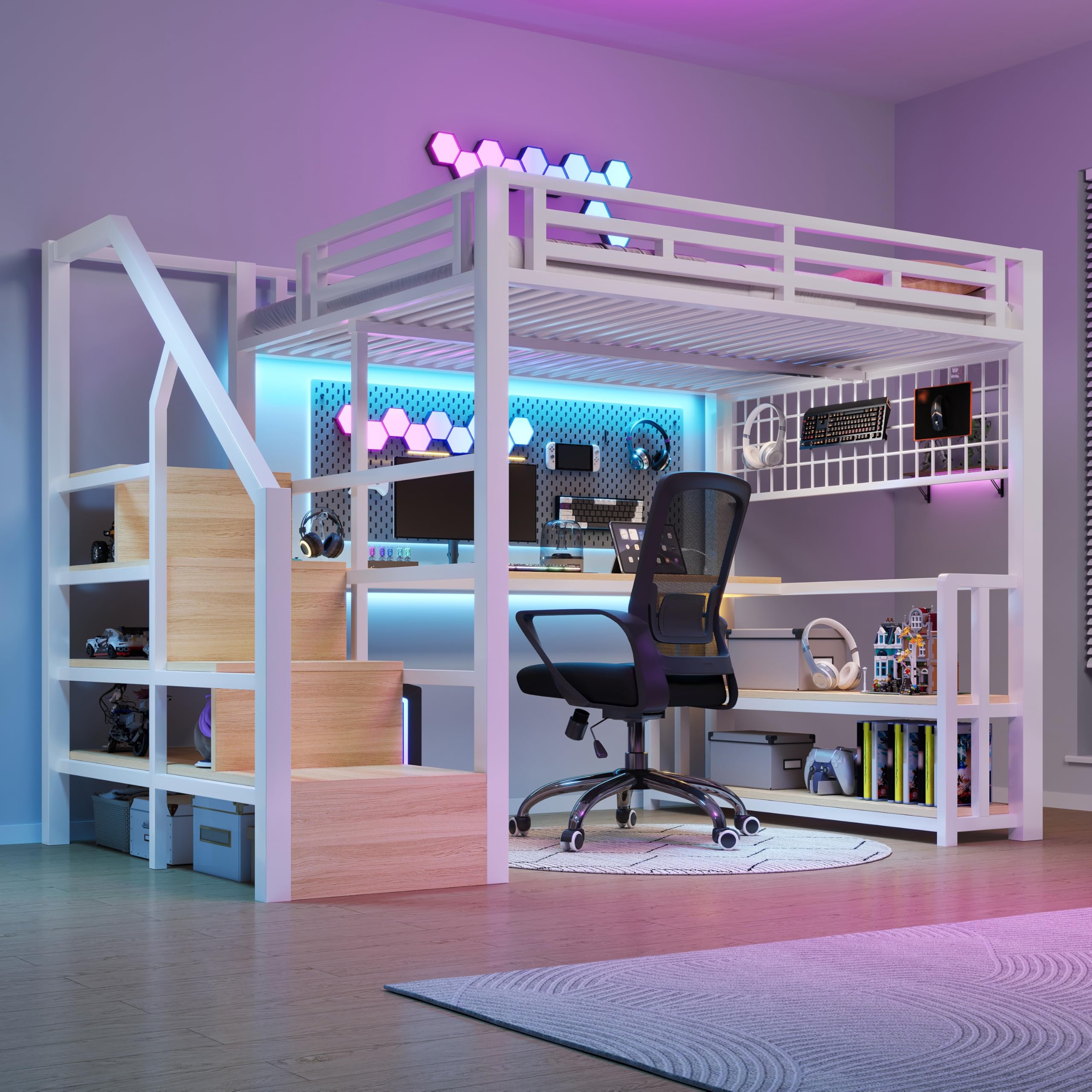 Cama alta de 140 x 200 cm, marco de hierro, estante de almacenamiento, rejilla colgante, barra de luz LED, escritorio, construcción de escaleras con espacio de almacenamiento, con 2 puertos USB y 1